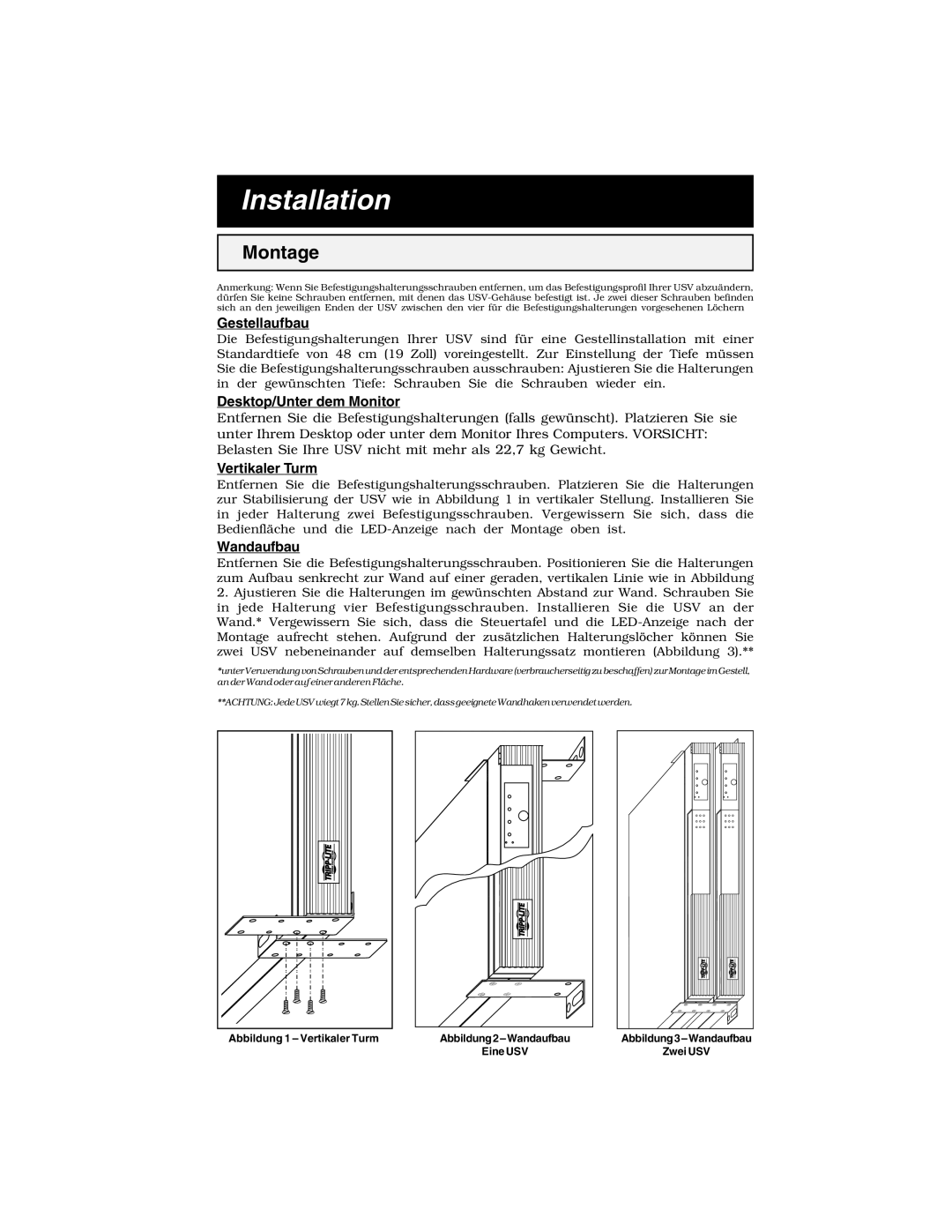 Tripp Lite 450 RTI specifications Installation, Gestellaufbau, Desktop/Unter dem Monitor, Vertikaler Turm, Wandaufbau 