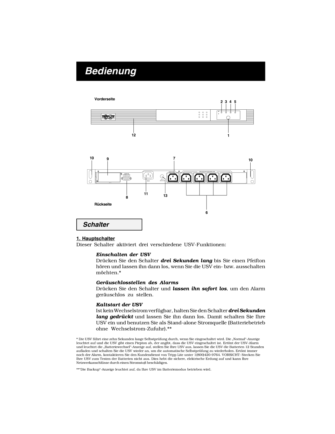 Tripp Lite 450 RTI specifications Bedienung, Schalter, Hauptschalter 