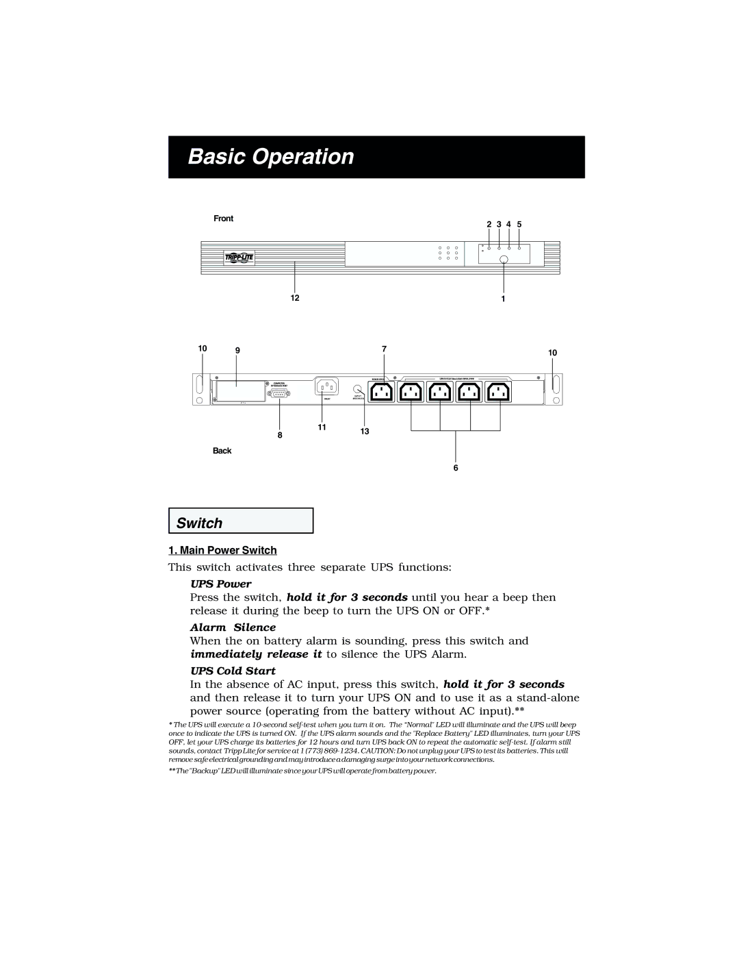 Tripp Lite 450 RTI specifications Basic Operation, Main Power Switch 