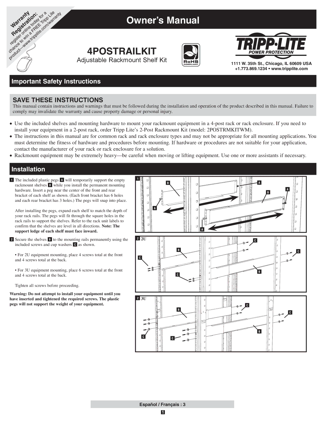 Tripp Lite 4POSTRAILKIT owner manual Español / Français 