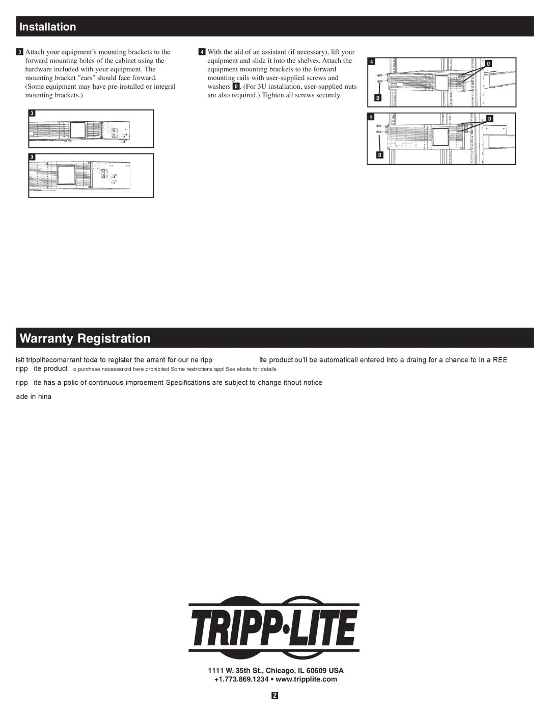 Tripp Lite 4POSTRAILKIT owner manual Warranty Registration, Installation 