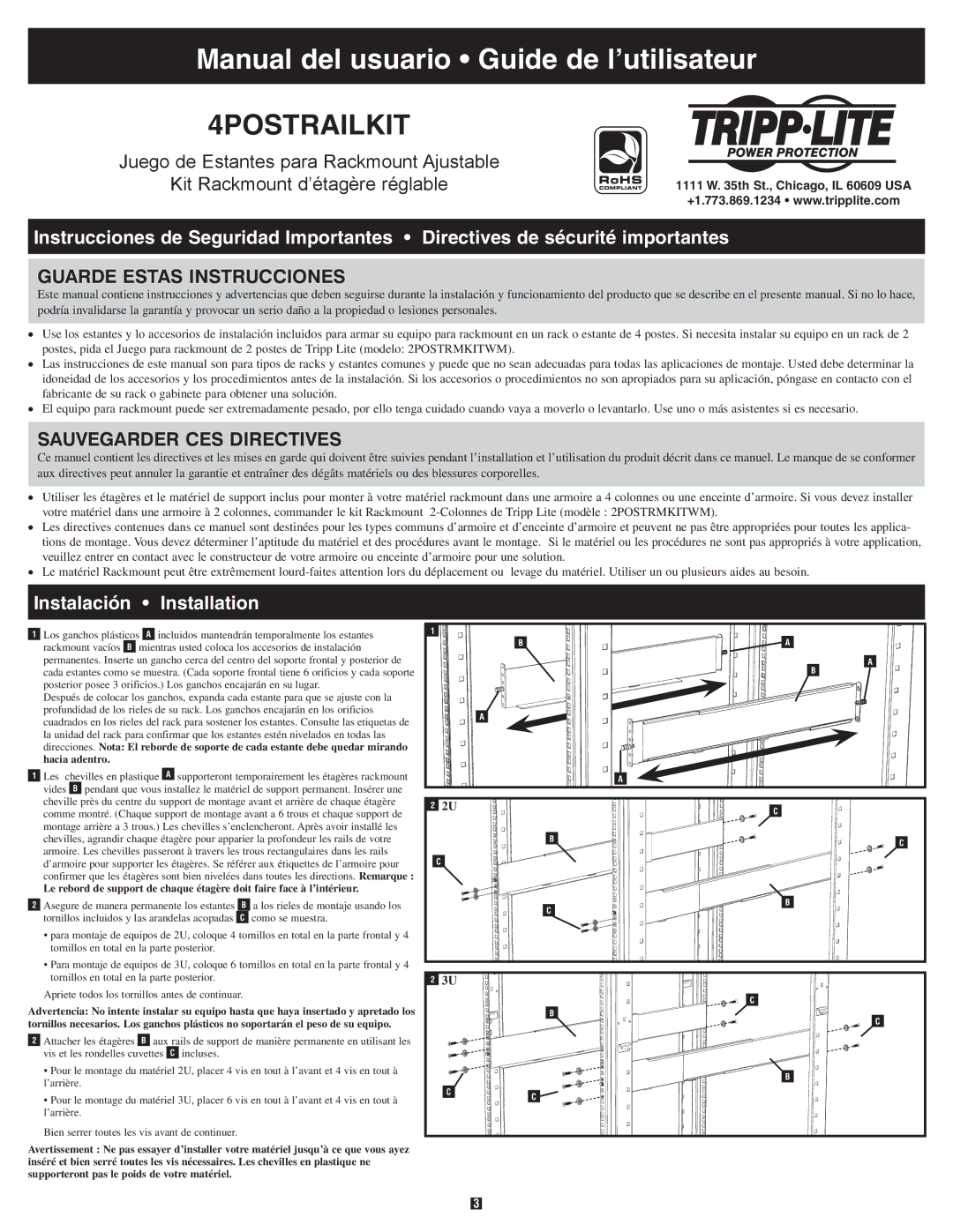 Tripp Lite 4POSTRAILKIT owner manual Instalación Installation 