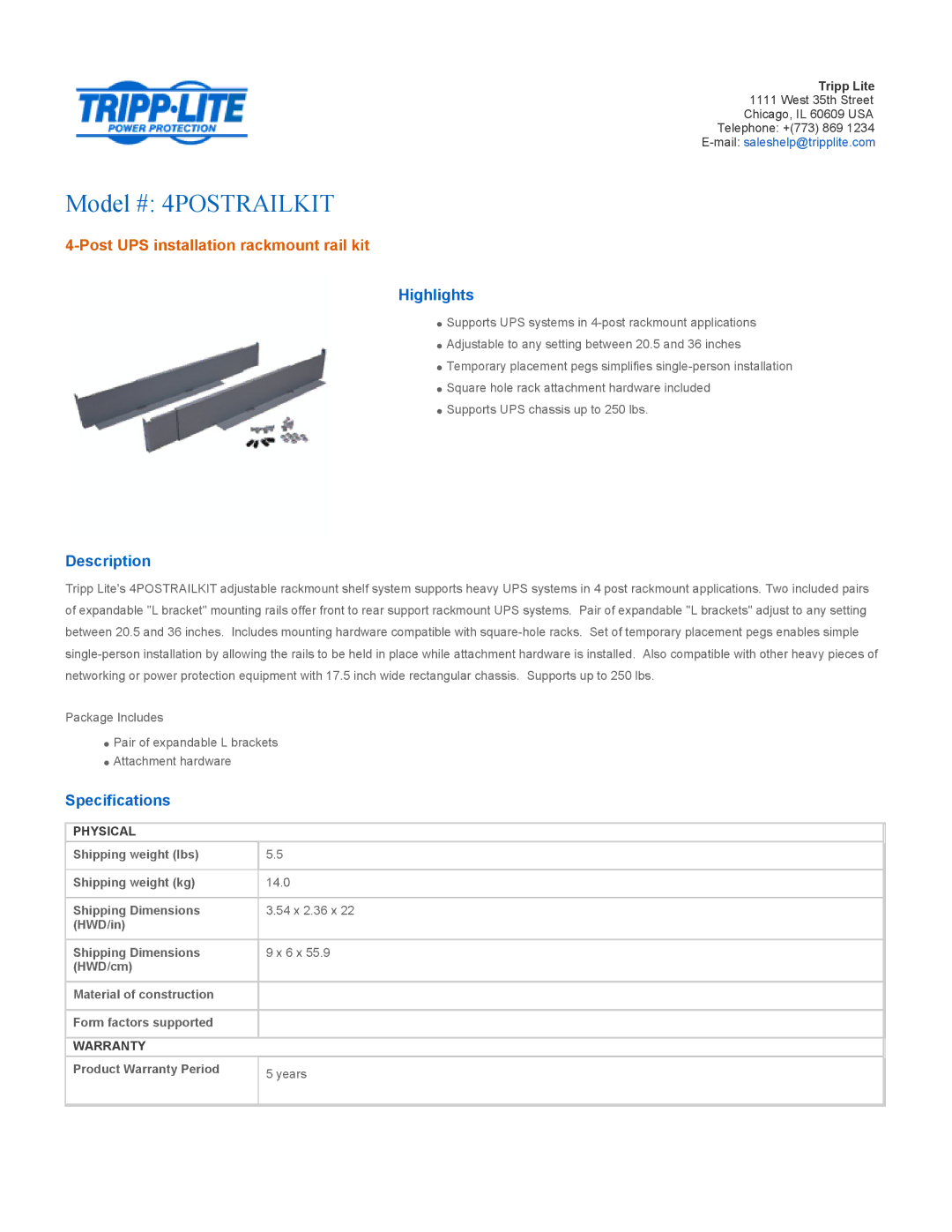 Tripp Lite specifications Model # 4POSTRAILKIT, Post UPS installation rackmount rail kit, Highlights, Description 