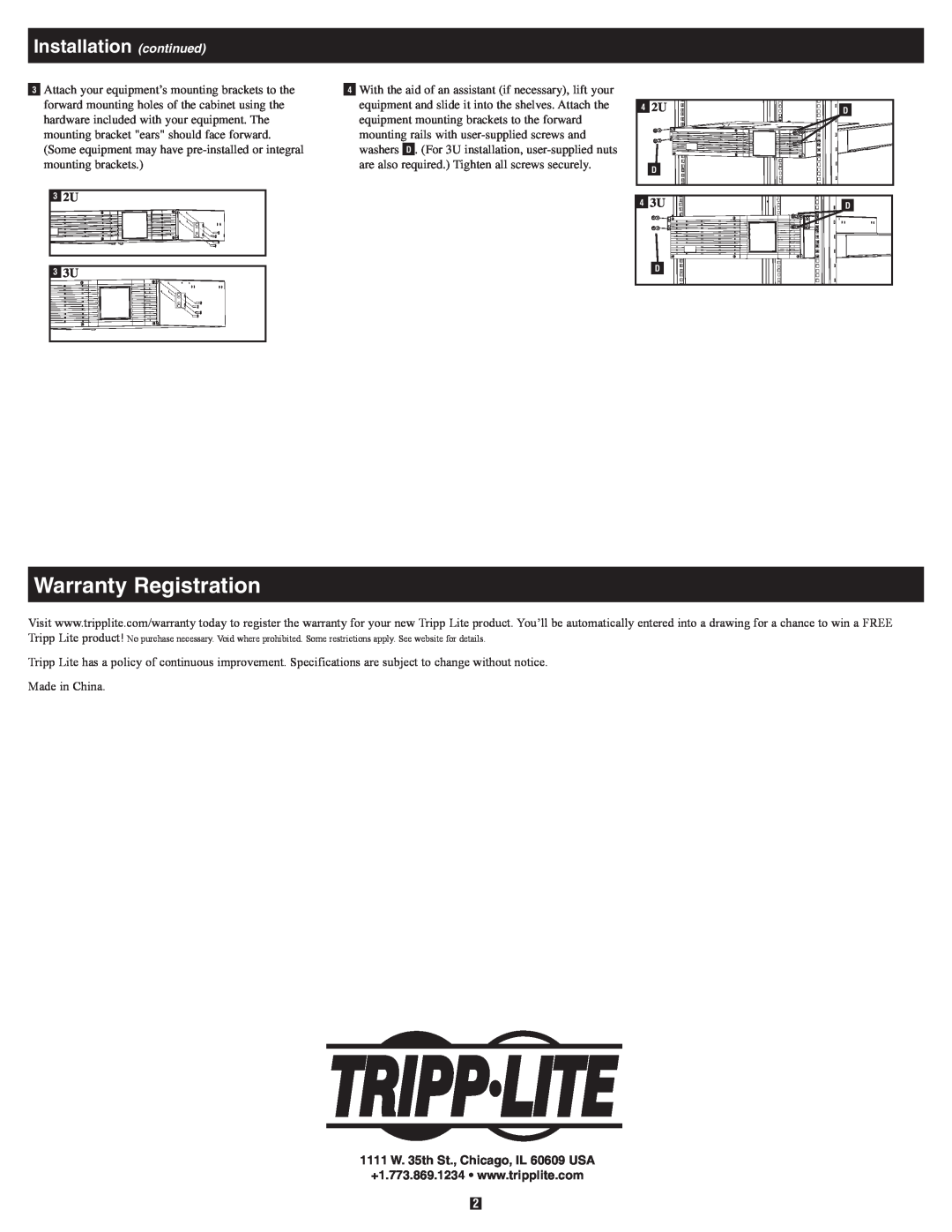 Tripp Lite 4POSTRAILKIT owner manual Installation continued, Warranty Registration 