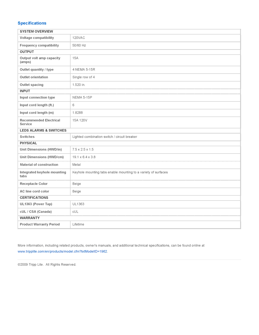 Tripp Lite 4SPDX warranty Specifications 