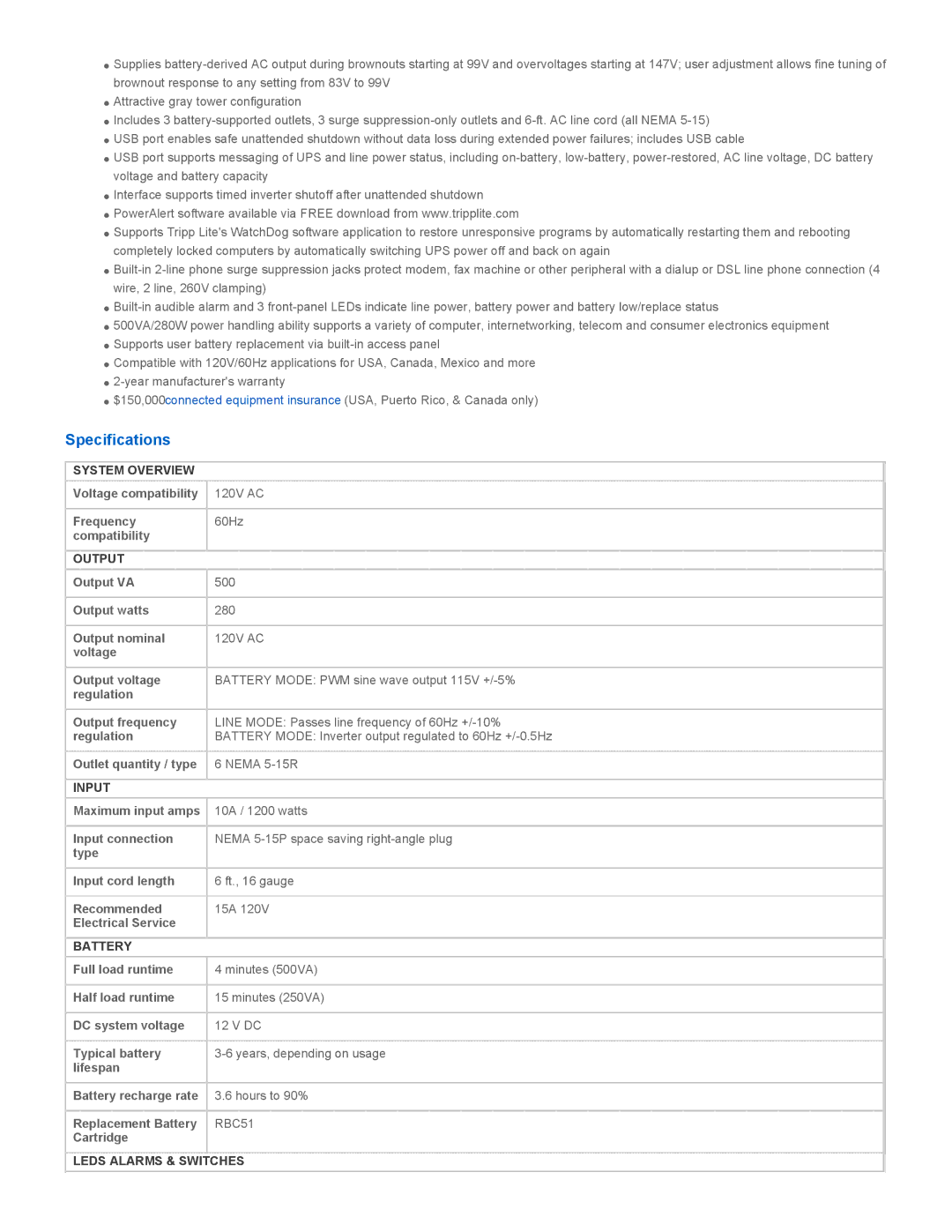 Tripp Lite 500 warranty Specifications 