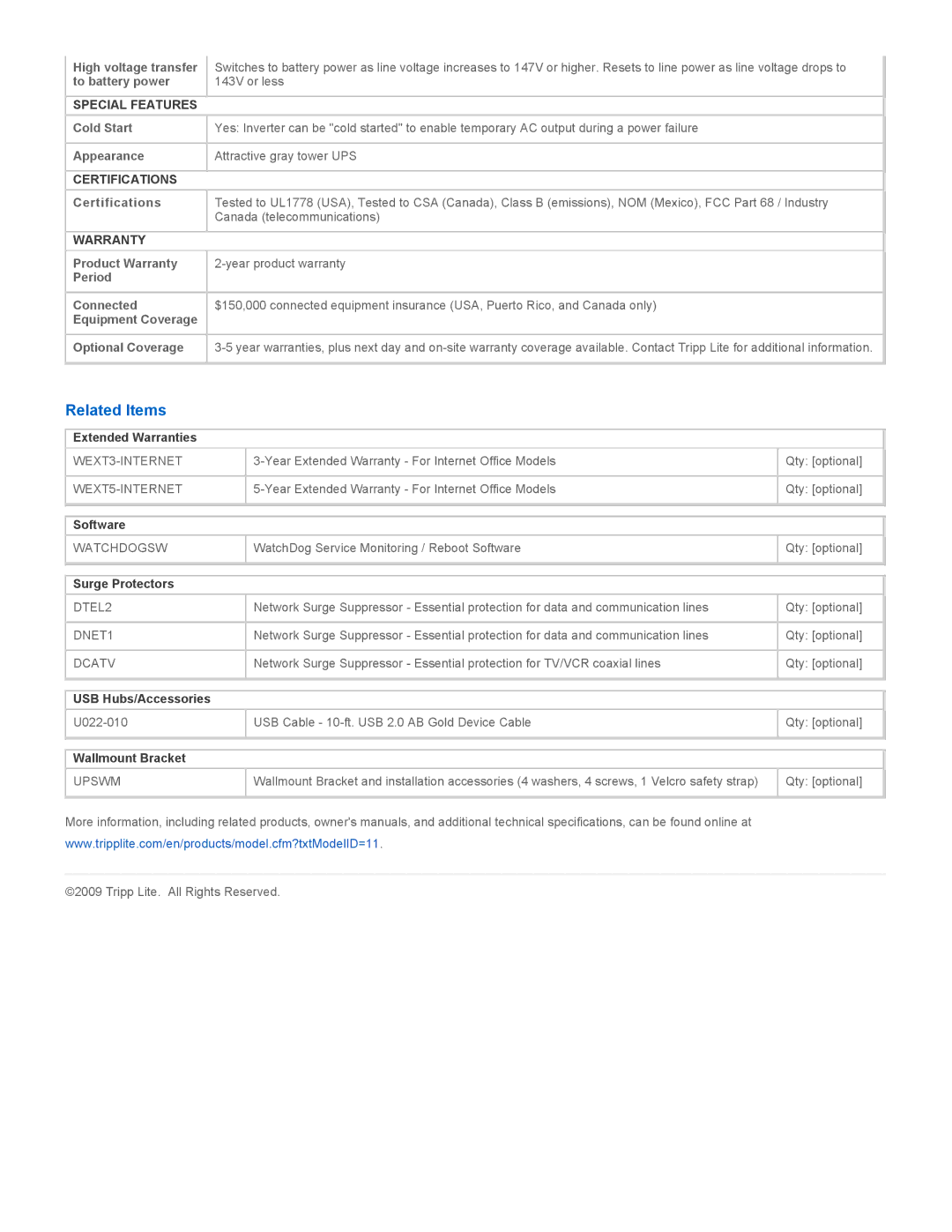 Tripp Lite 500 warranty Related Items, Special Features, Certifications, Warranty 