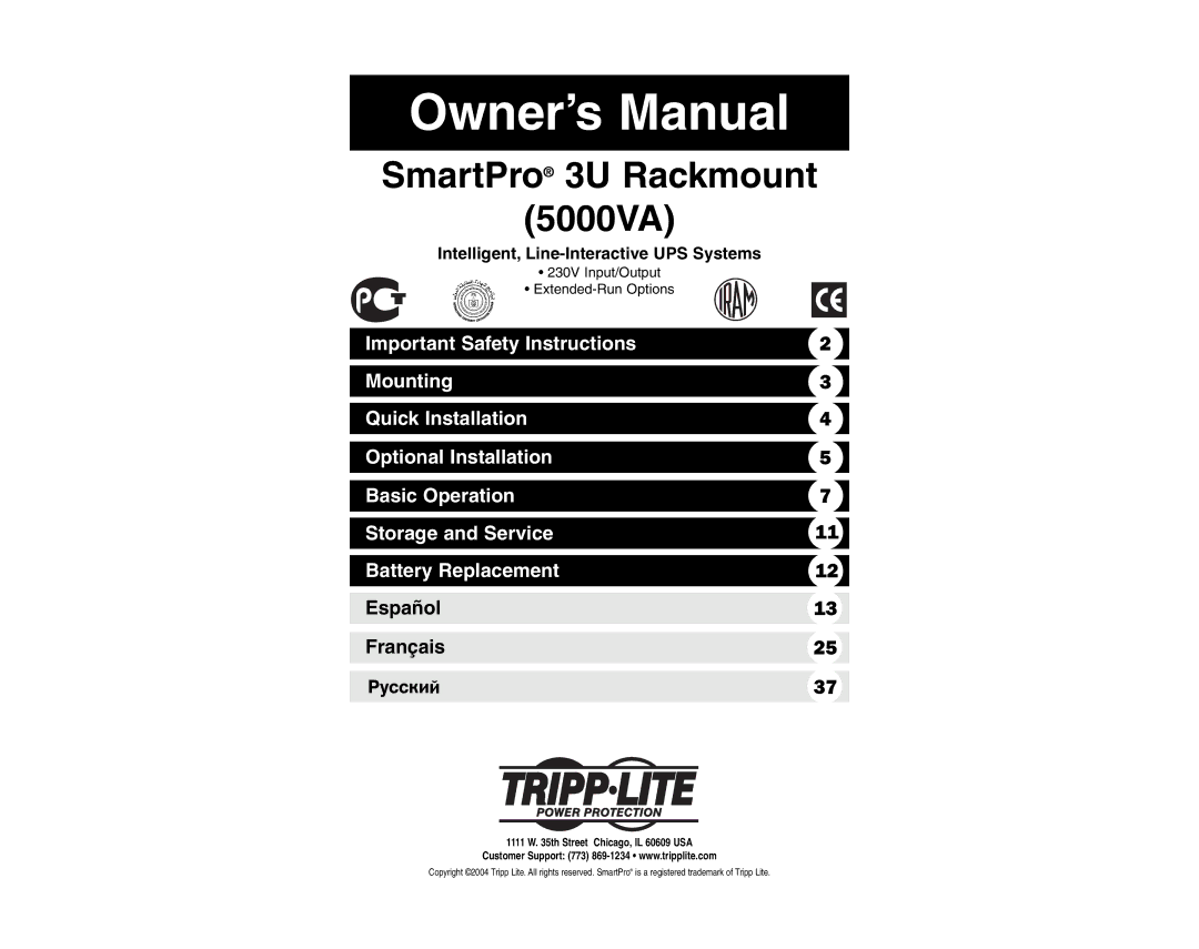 Tripp Lite 5000 VA owner manual SmartPro 3U Rackmount 5000VA, Intelligent, Line-Interactive UPS Systems 