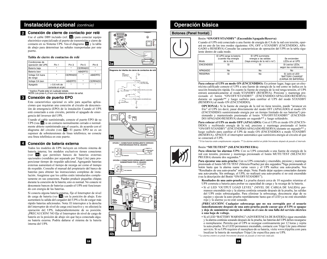 Tripp Lite 5000 VA Instalación opcional continúa, Conexión de cierre de contacto por relé, Conexión de puerto EPO 