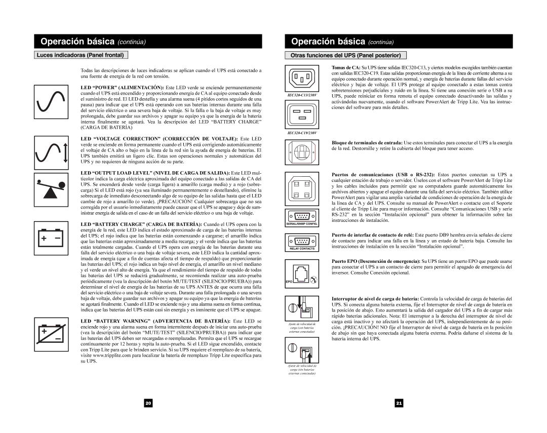 Tripp Lite 5000 VA owner manual Operación básica continúa, Otras funciones del UPS Panel posterior 