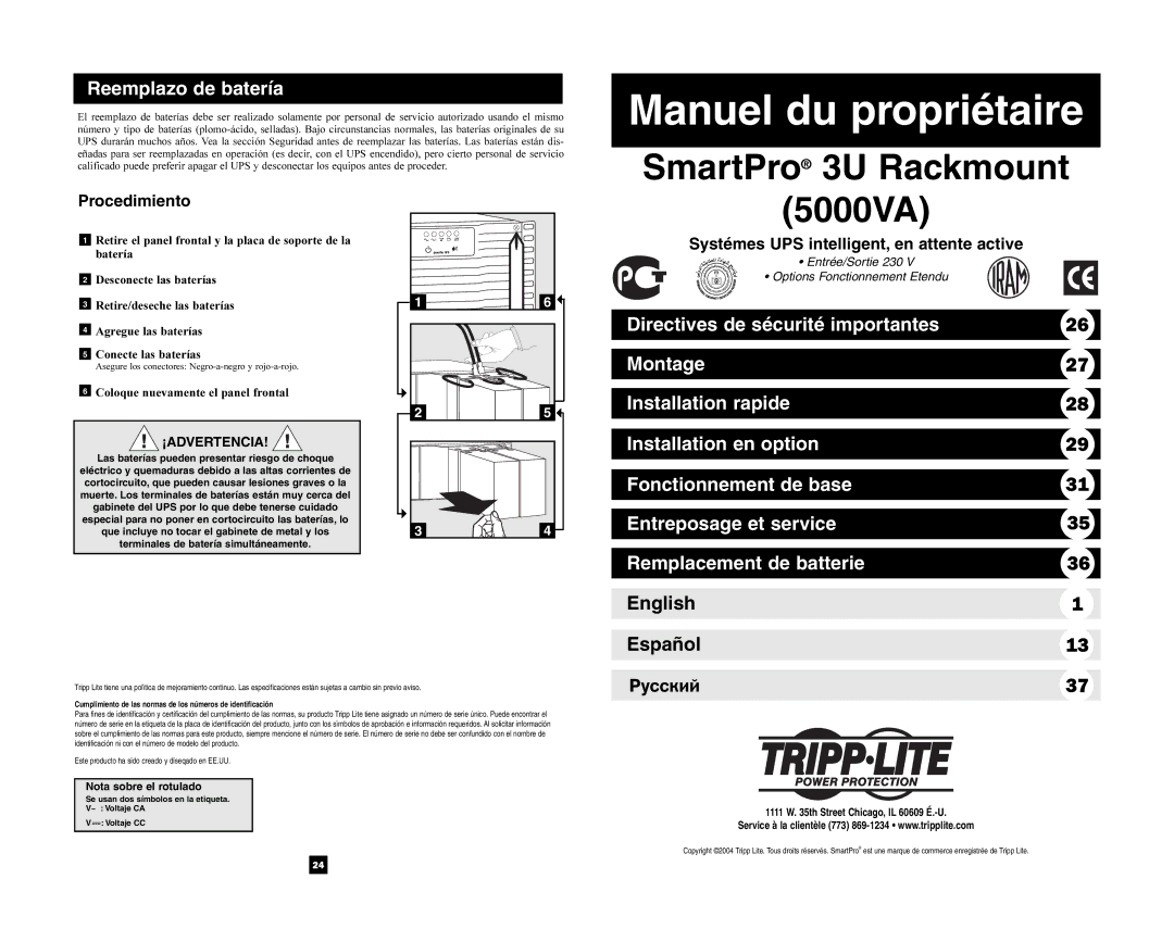 Tripp Lite 5000 VA owner manual Procedimiento, Systémes UPS intelligent, en attente active, ¡Advertencia 
