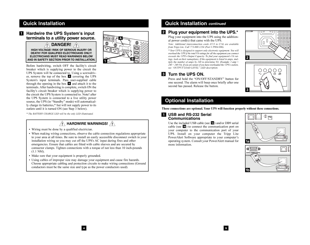 Tripp Lite 5000 VA owner manual Plug your equipment into the UPS, Turn the UPS on, Hardwire Warnings 