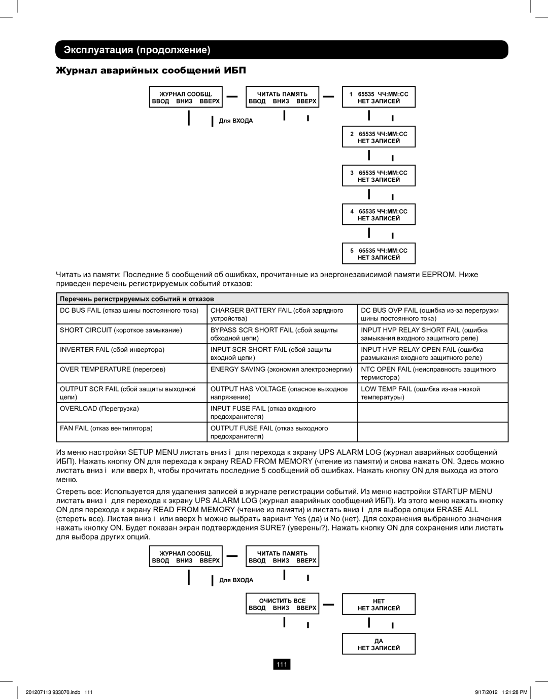Tripp Lite 5KVA-6KVA owner manual Журнал аварийных сообщений ИБП, Перечень регистрируемых событий и отказов 