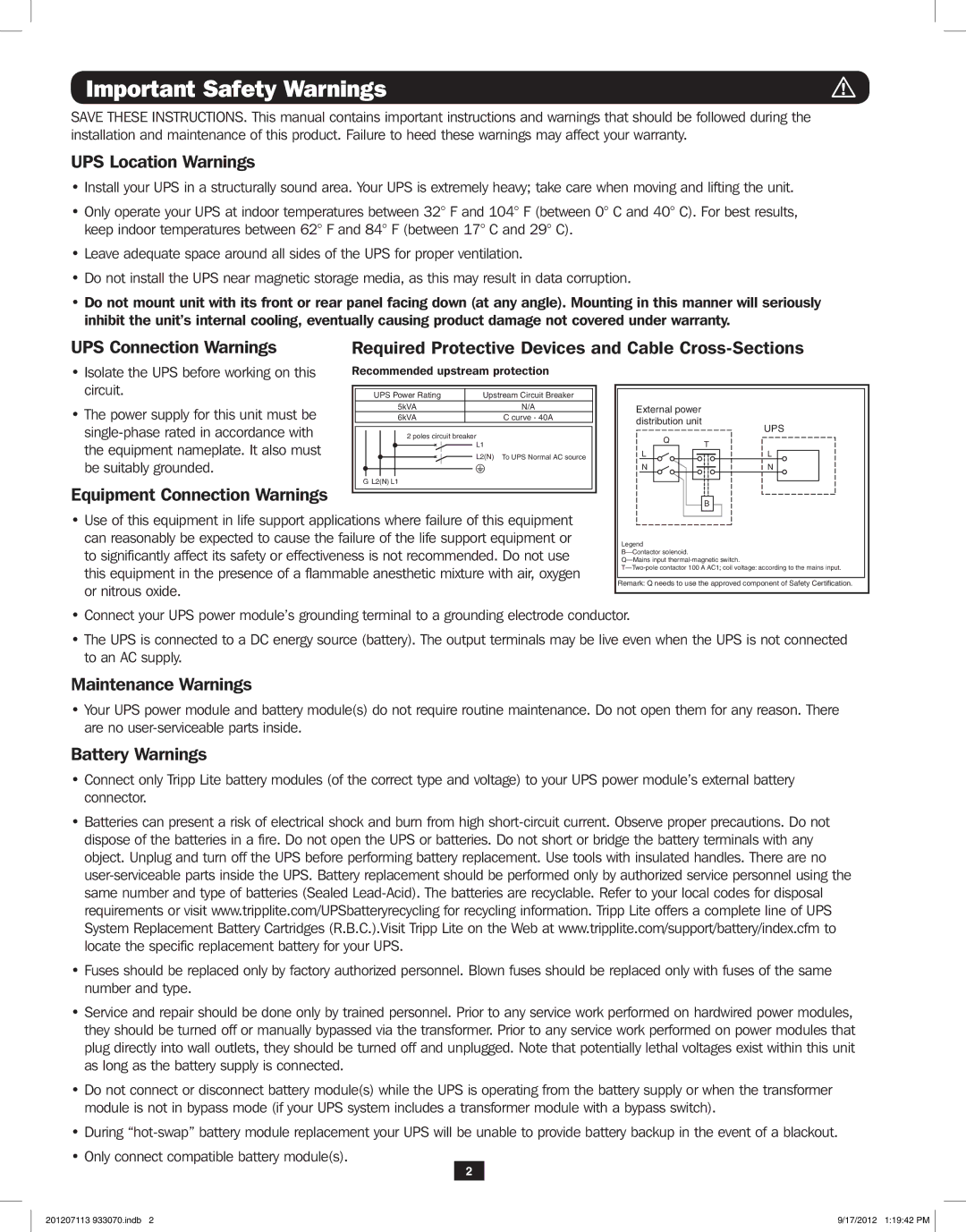 Tripp Lite 5KVA-6KVA owner manual Important Safety Warnings, UPS Location Warnings 