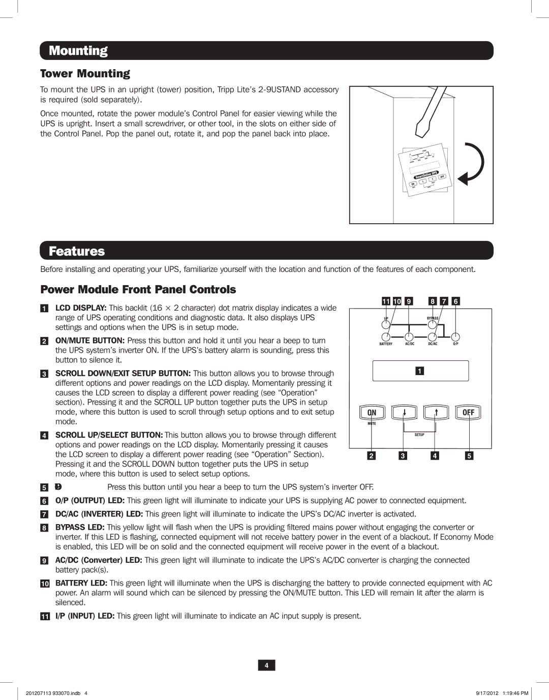 Tripp Lite 5KVA-6KVA owner manual Features, Tower Mounting, Power Module Front Panel Controls 