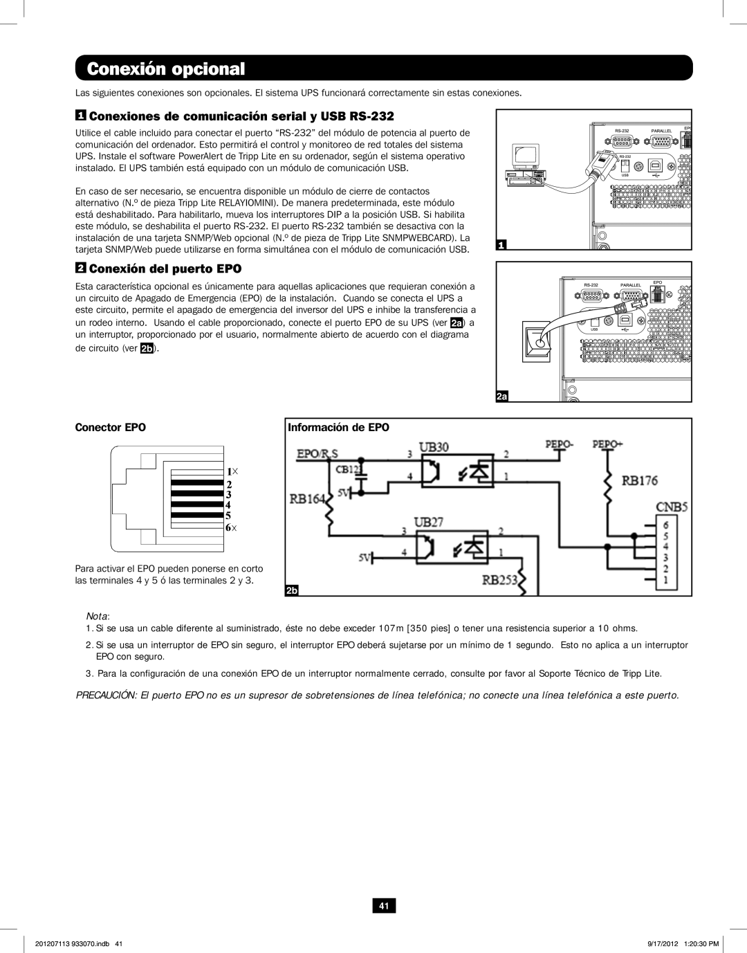 Tripp Lite 5KVA-6KVA Conexión opcional, Conexiones de comunicación serial y USB RS-232, Conexión del puerto EPO 