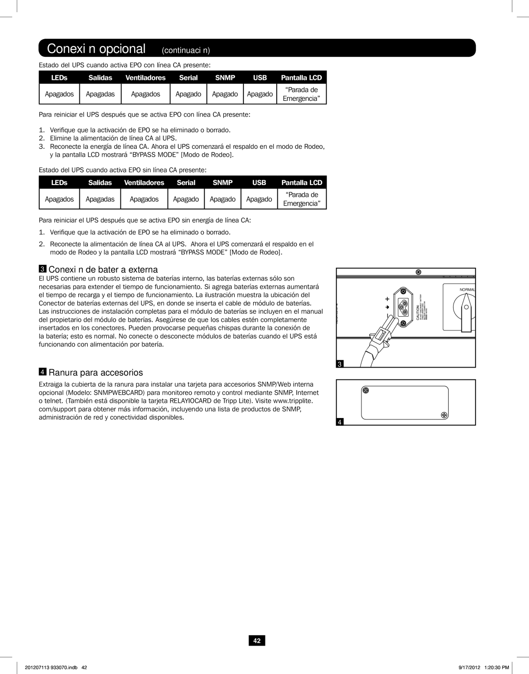 Tripp Lite 5KVA-6KVA owner manual Conexión opcional continuación, Conexión de batería externa, Ranura para accesorios 