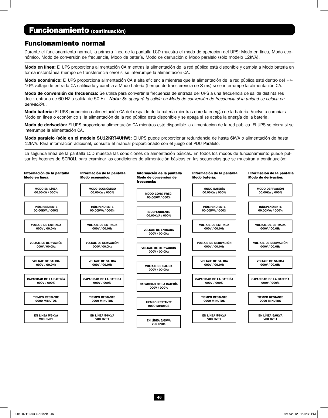 Tripp Lite 5KVA-6KVA owner manual Funcionamiento normal, Información de la pantalla Modo en línea 