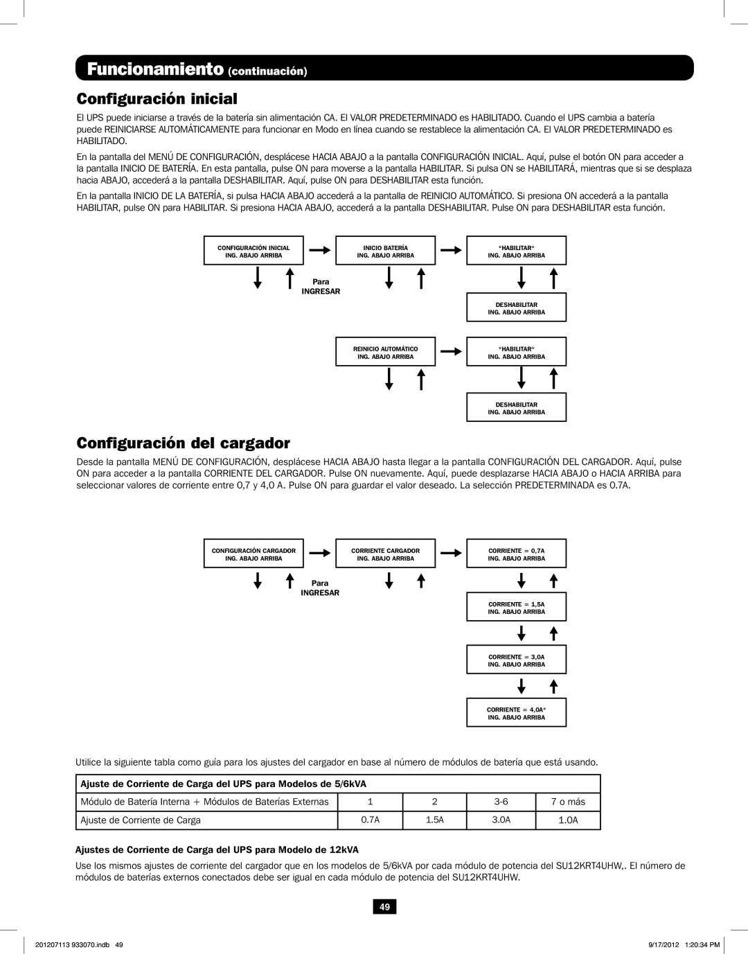 Tripp Lite 5KVA-6KVA owner manual Configuración inicial, Configuración del cargador 