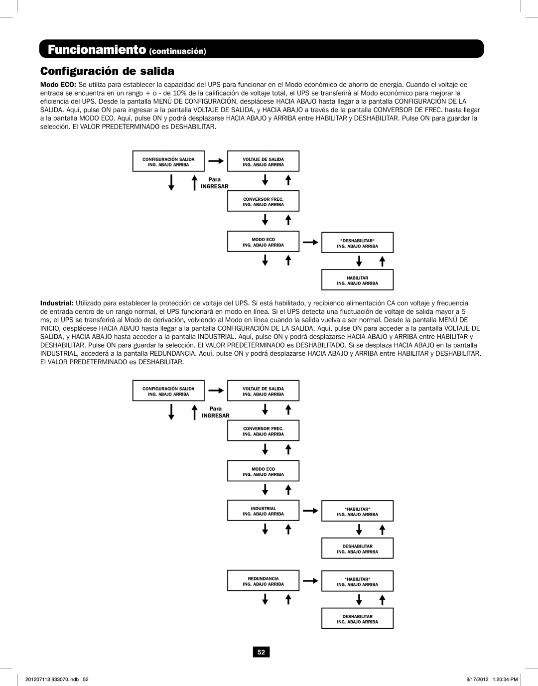 Tripp Lite 5KVA-6KVA owner manual Modo ECO ING. Abajo Arriba Deshabilitar Habilitar 