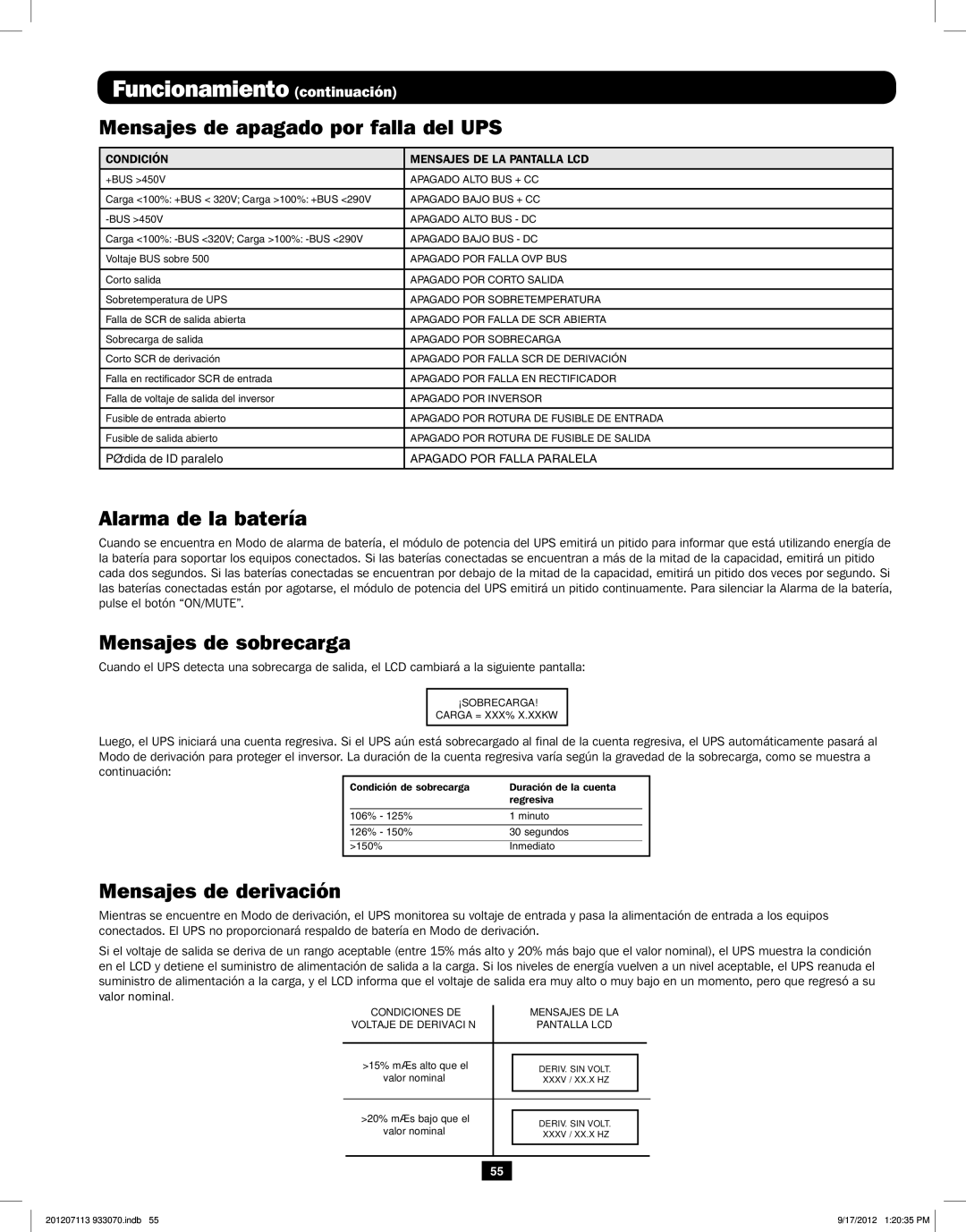 Tripp Lite 5KVA-6KVA owner manual Mensajes de apagado por falla del UPS, Alarma de la batería, Mensajes de sobrecarga 