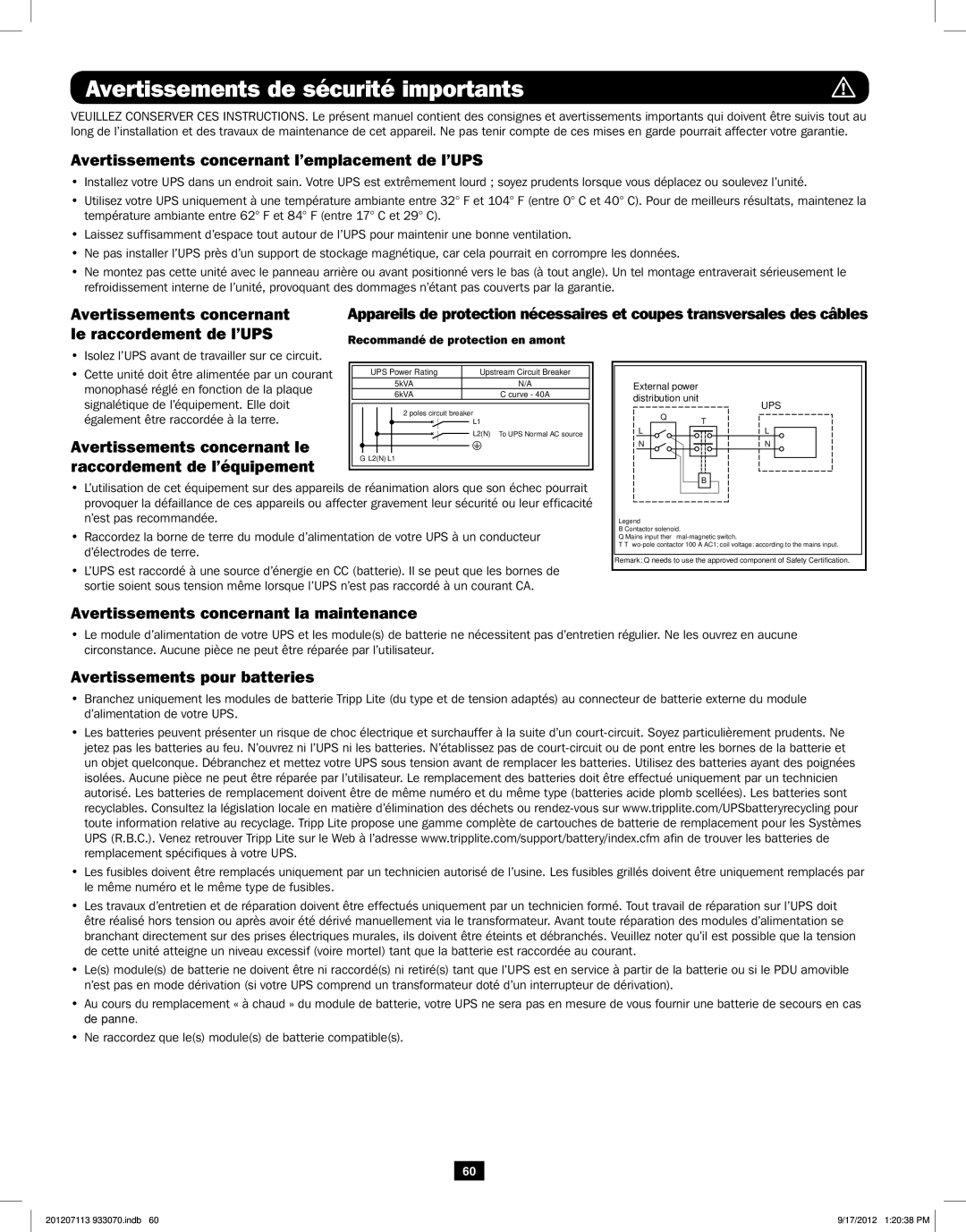 Tripp Lite 5KVA-6KVA owner manual Avertissements de sécurité importants 