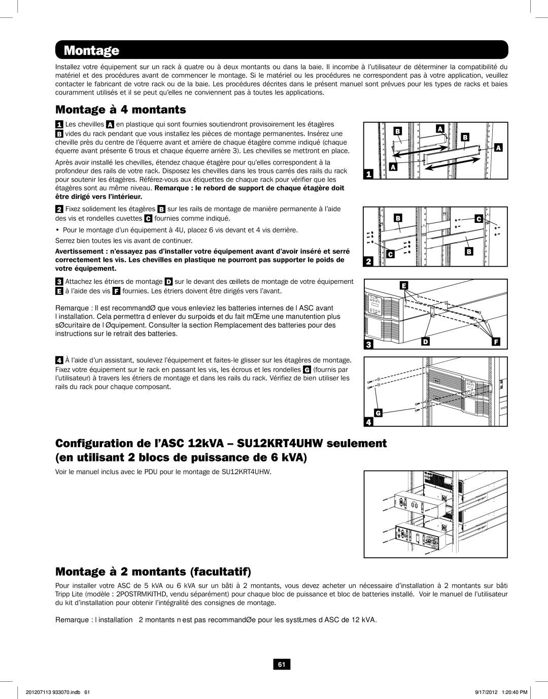 Tripp Lite 5KVA-6KVA owner manual Montage à 4 montants, Montage à 2 montants facultatif 