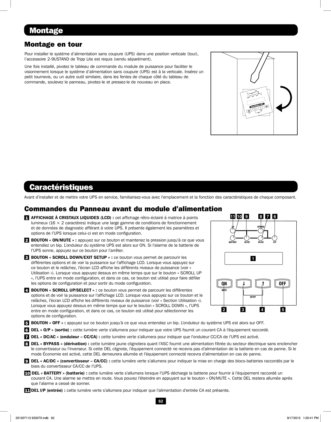 Tripp Lite 5KVA-6KVA owner manual Caractéristiques, Montage en tour, Commandes du Panneau avant du module d’alimentation 