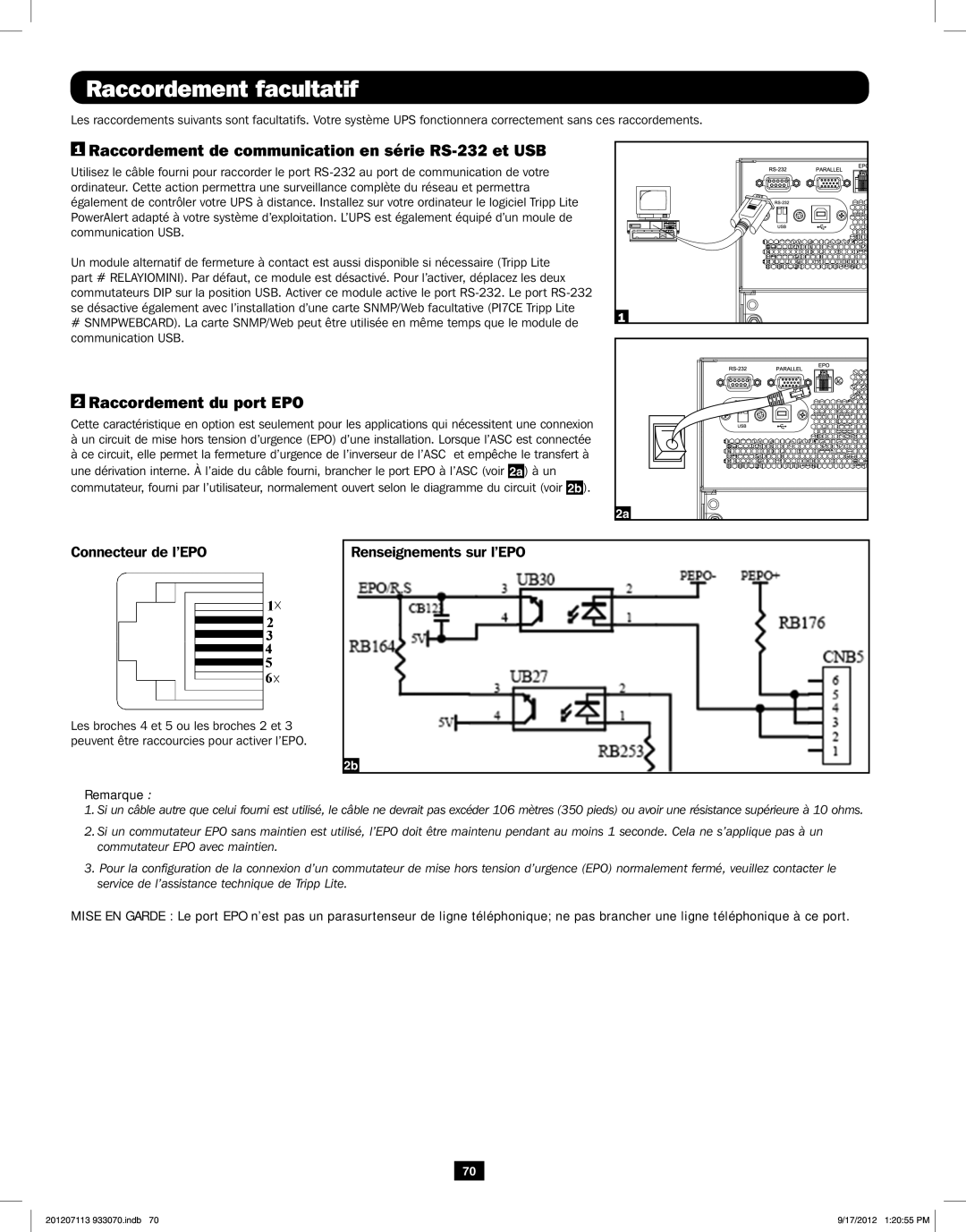 Tripp Lite 5KVA-6KVA owner manual Raccordement facultatif, Raccordement de communication en série RS-232 et USB 