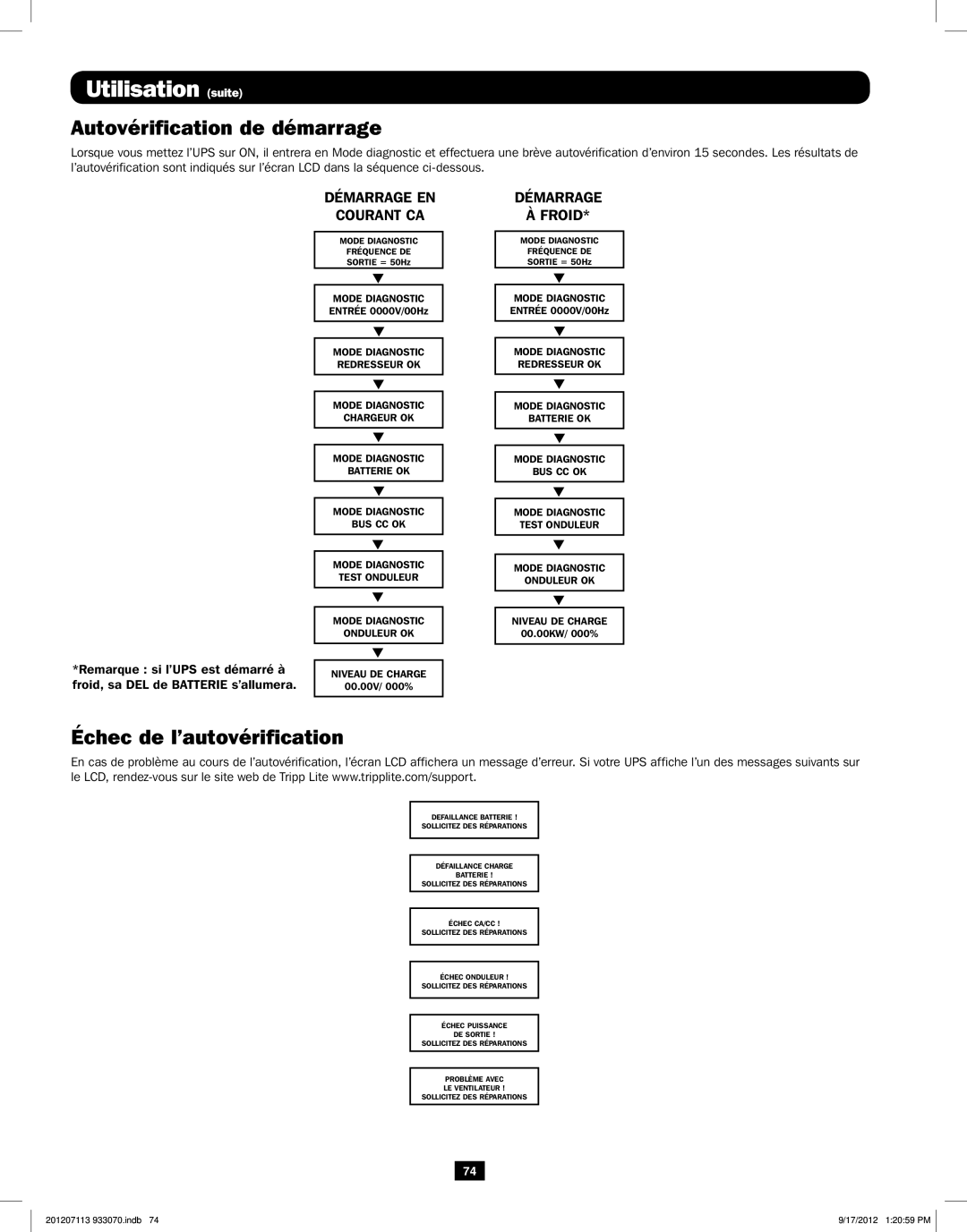 Tripp Lite 5KVA-6KVA owner manual Utilisation suite, Autovérification de démarrage, Échec de l’autovérification 