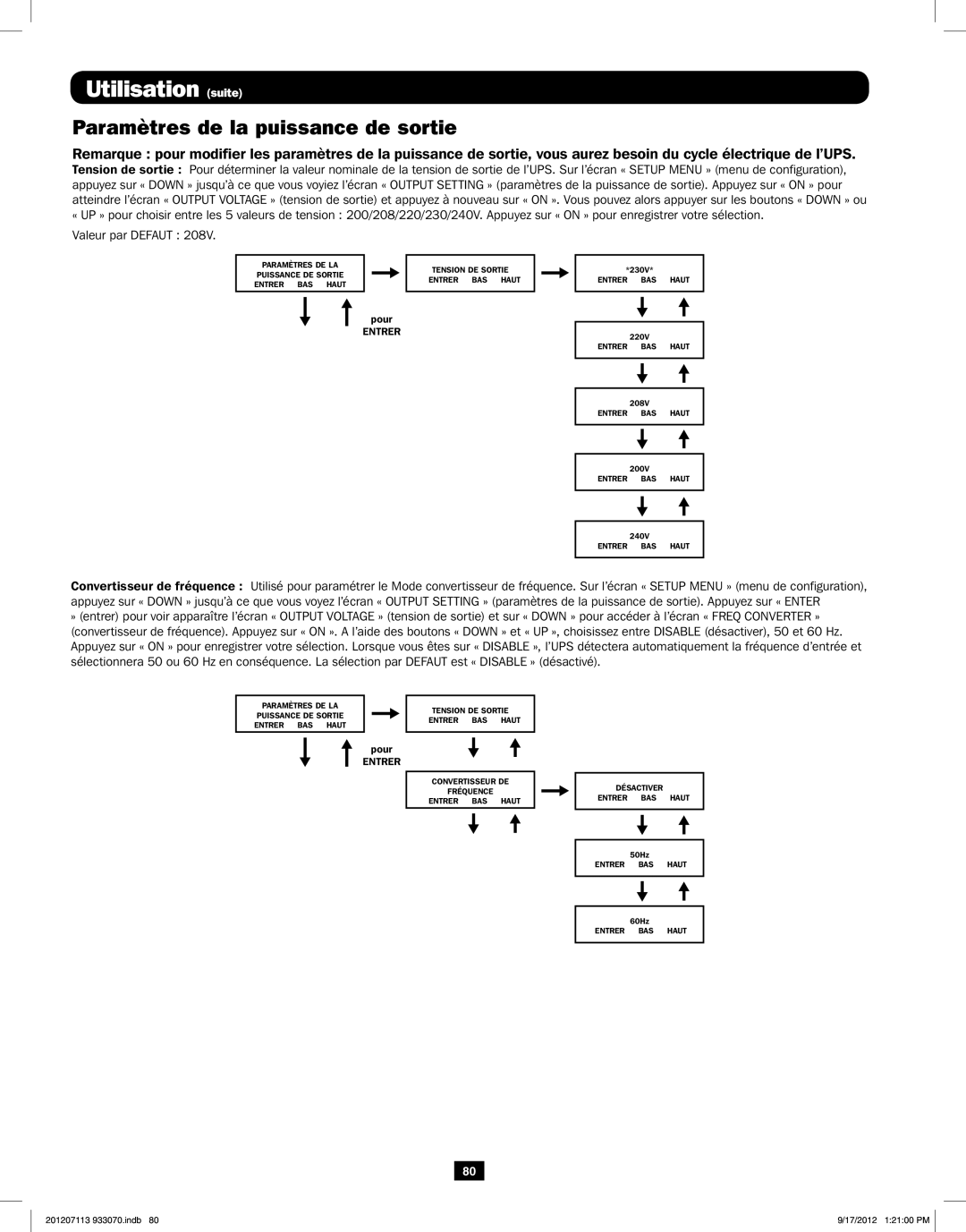 Tripp Lite 5KVA-6KVA owner manual Paramètres de la puissance de sortie 