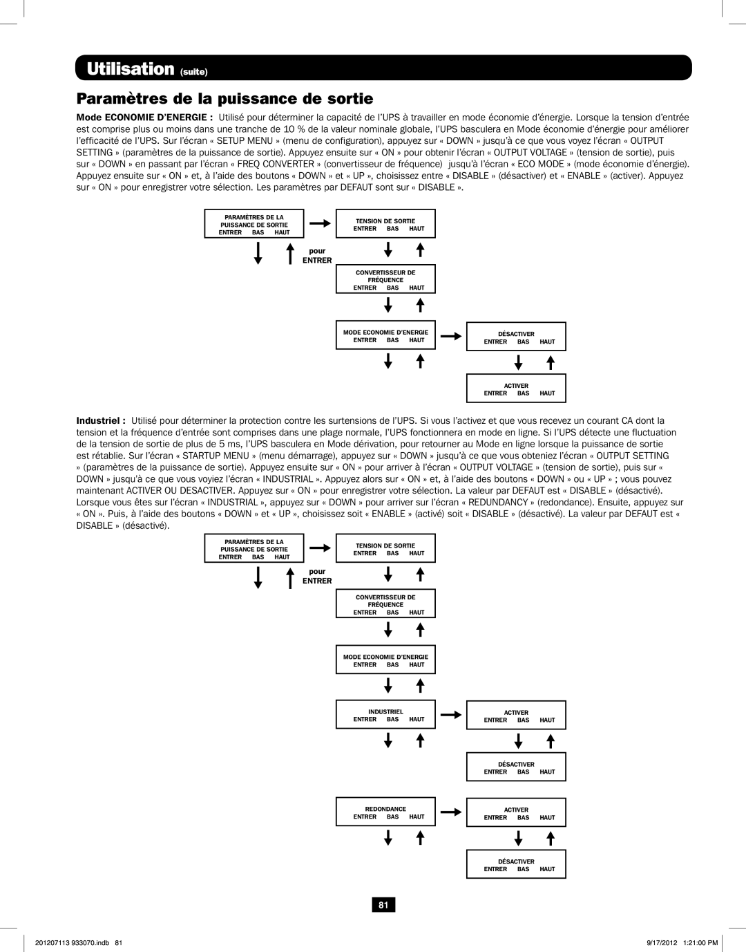 Tripp Lite 5KVA-6KVA owner manual Entrer BAS Haut Mode Economie D’ENERGIE Désactiver Activer 