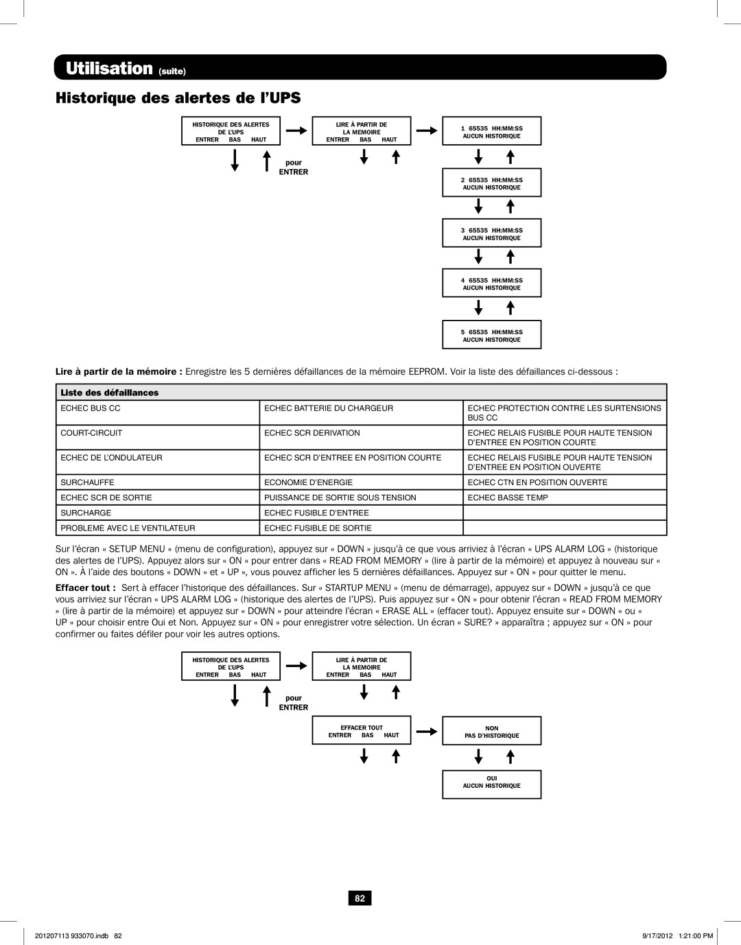 Tripp Lite 5KVA-6KVA owner manual Historique des alertes de l’UPS, Entrer 
