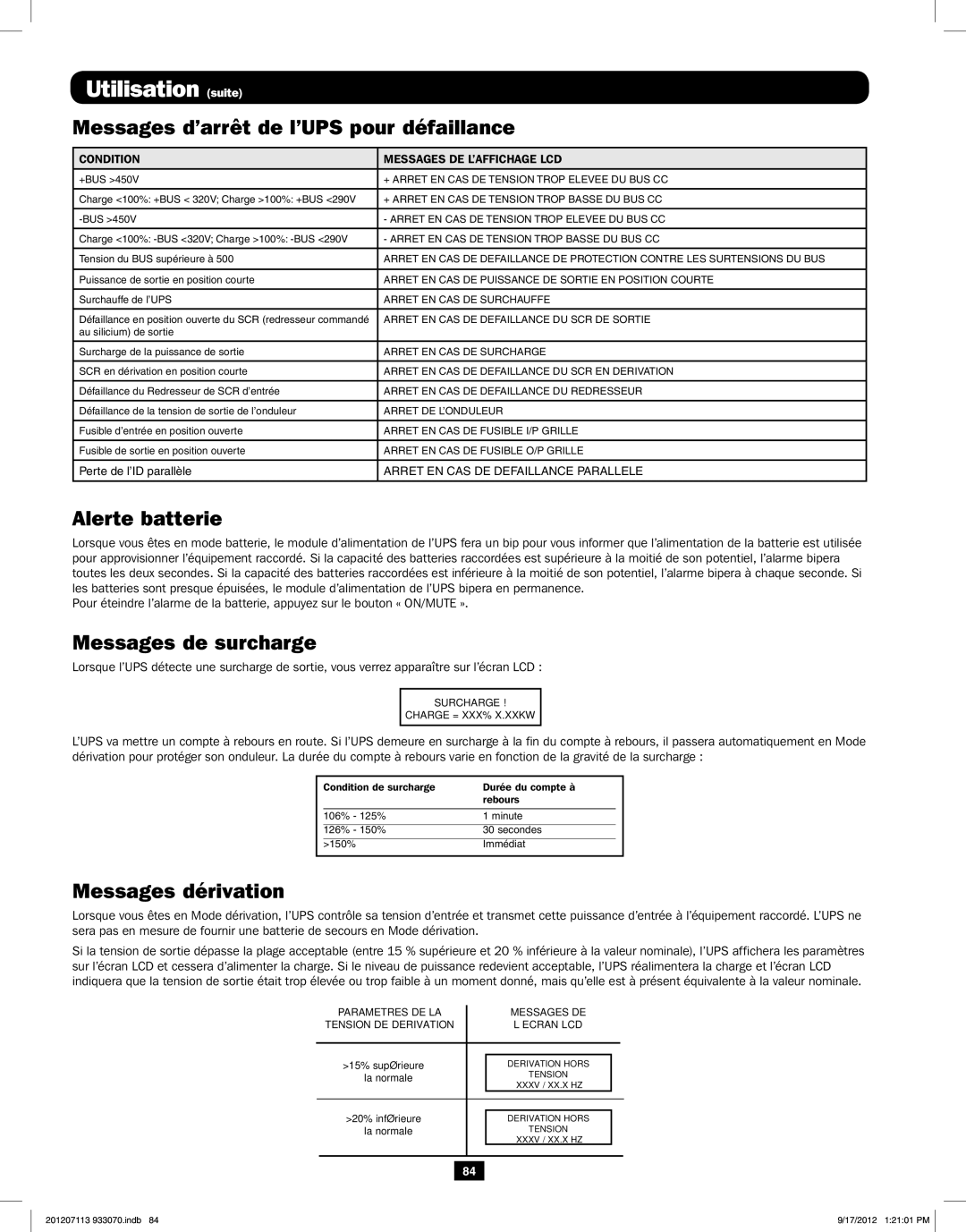 Tripp Lite 5KVA-6KVA owner manual Messages d’arrêt de l’UPS pour défaillance, Alerte batterie, Messages de surcharge 