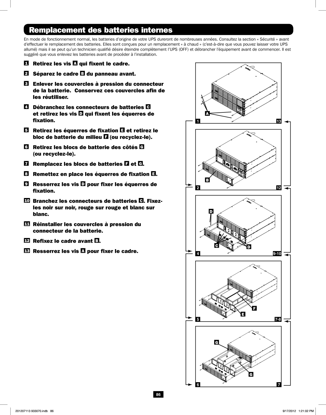 Tripp Lite 5KVA-6KVA owner manual Remplacement des batteries internes 