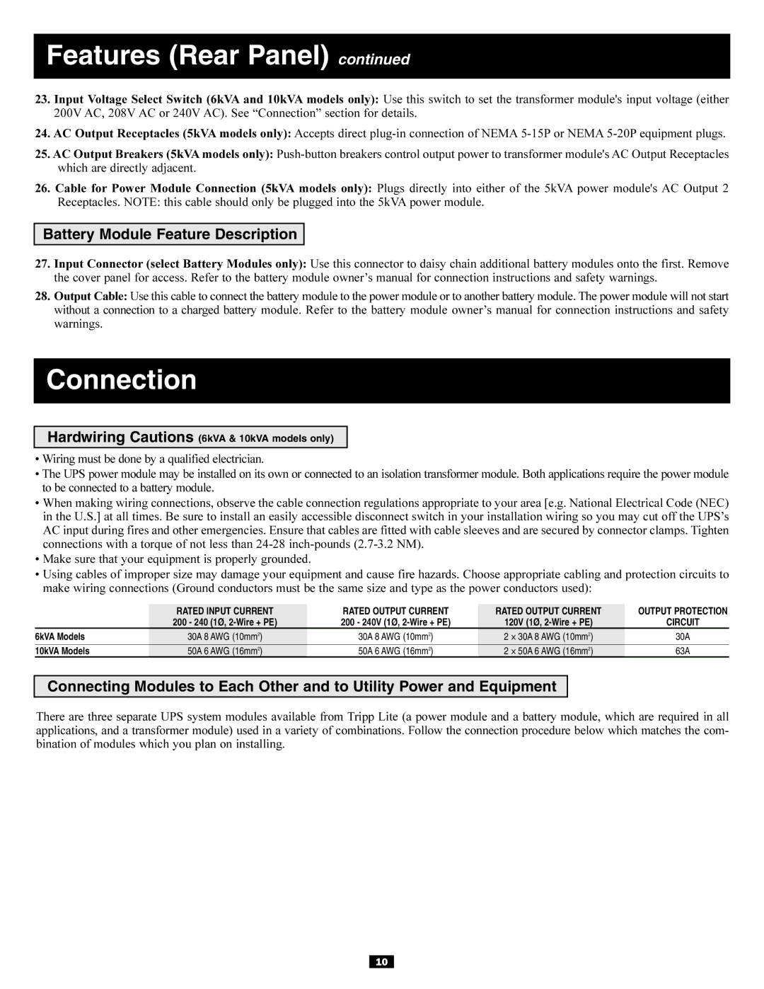 Tripp Lite 5kVA, 6kVA owner manual Connection, Battery Module Feature Description 