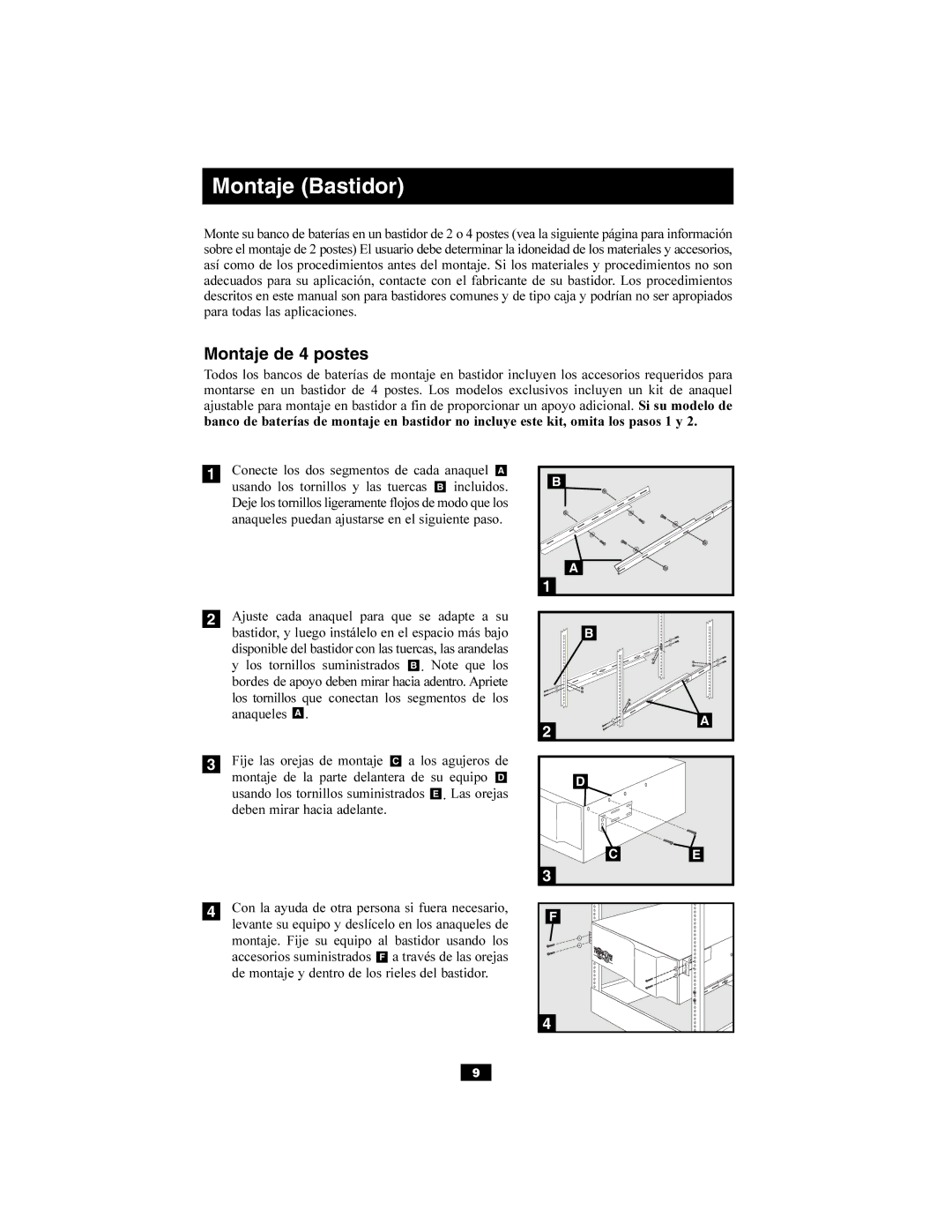 Tripp Lite 6kVA, 5kVA owner manual Montaje Bastidor, Montaje de 4 postes 