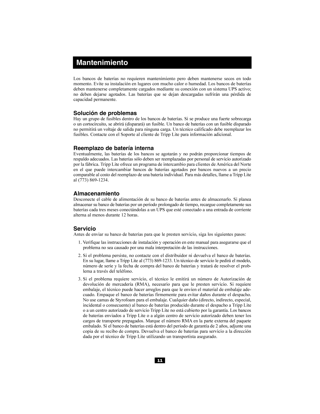 Tripp Lite 6kVA, 5kVA owner manual Solución de problemas, Reemplazo de batería interna, Almacenamiento, Servicio 