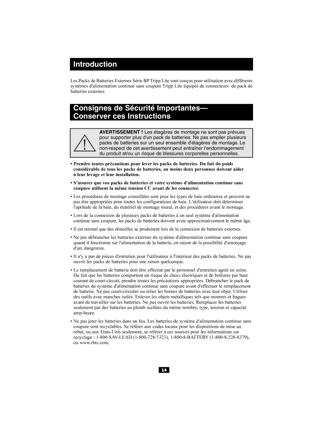 Tripp Lite 5kVA, 6kVA owner manual Consignes de Sécurité Importantes Conserver ces Instructions 