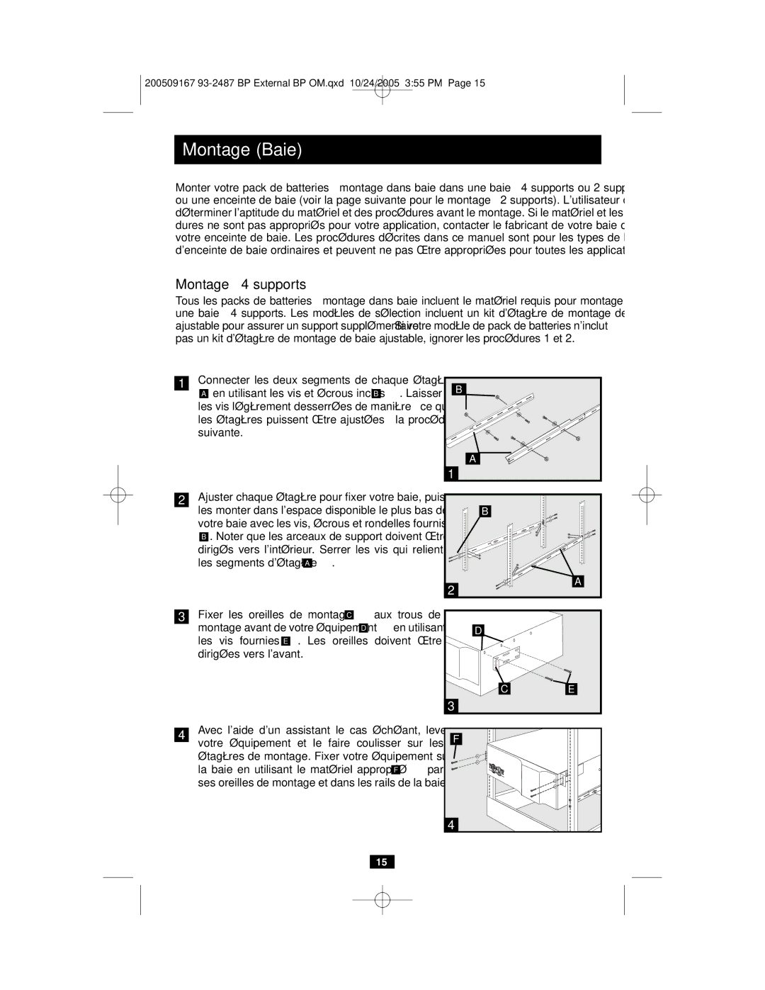 Tripp Lite 6kVA, 5kVA owner manual Montage Baie, Montage à 4 supports 