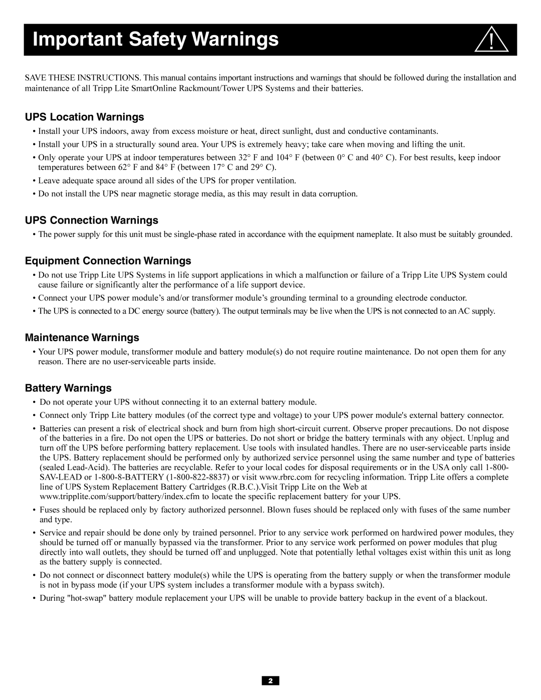 Tripp Lite 5kVA, 6kVA owner manual Important Safety Warnings 