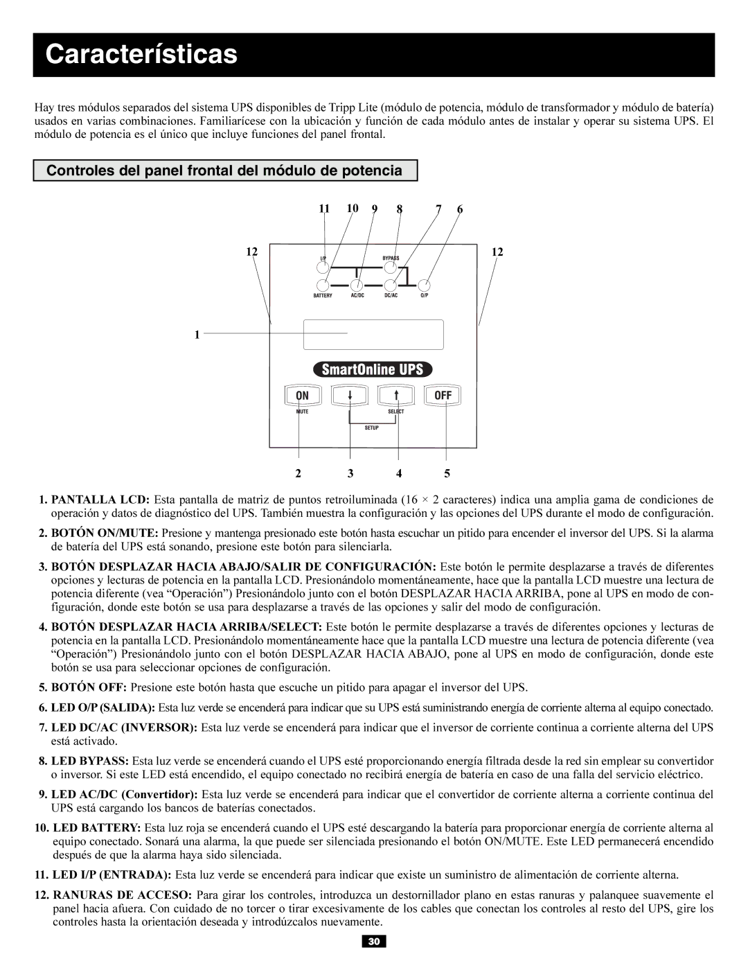 Tripp Lite 5kVA, 6kVA owner manual Características, Controles del panel frontal del módulo de potencia 