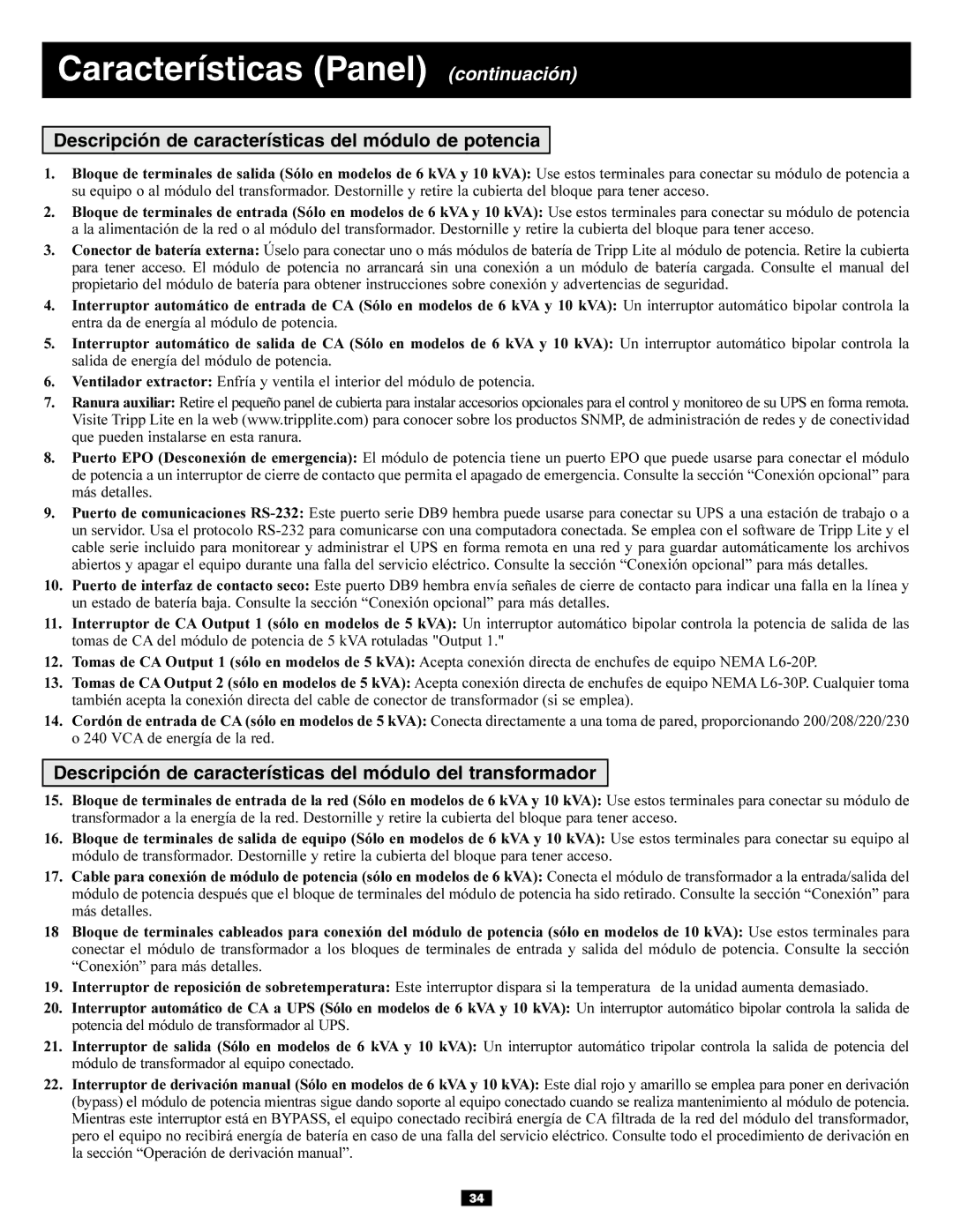 Tripp Lite 5kVA, 6kVA owner manual Características Panel continuación, Descripción de características del módulo de potencia 