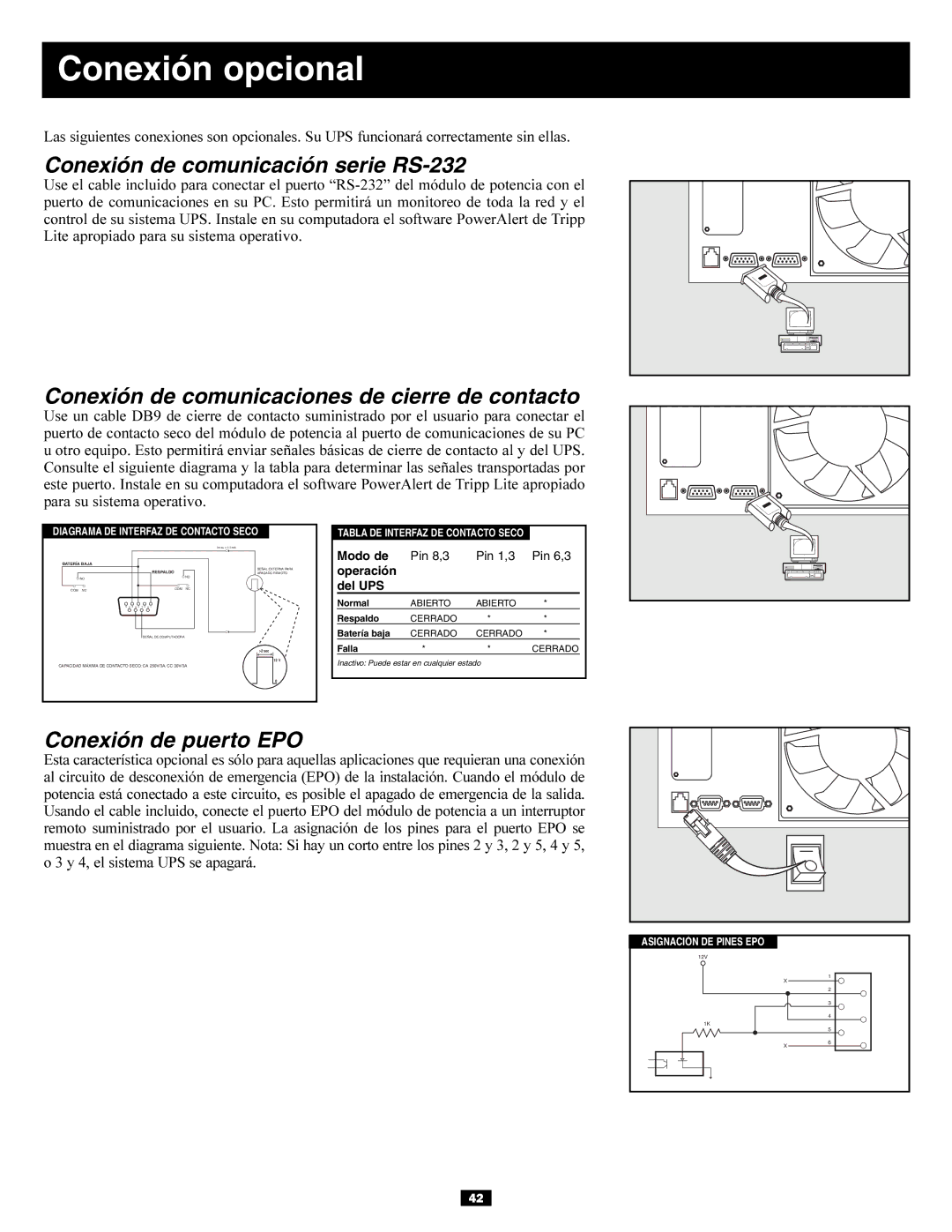 Tripp Lite 5kVA, 6kVA owner manual Conexión opcional, Conexión de comunicación serie RS-232 