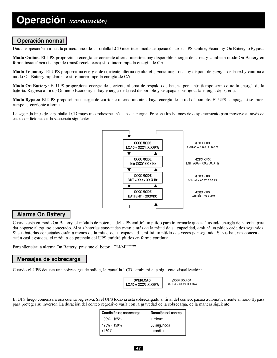 Tripp Lite 6kVA, 5kVA owner manual Operación normal, Alarma On Battery, Mensajes de sobrecarga 