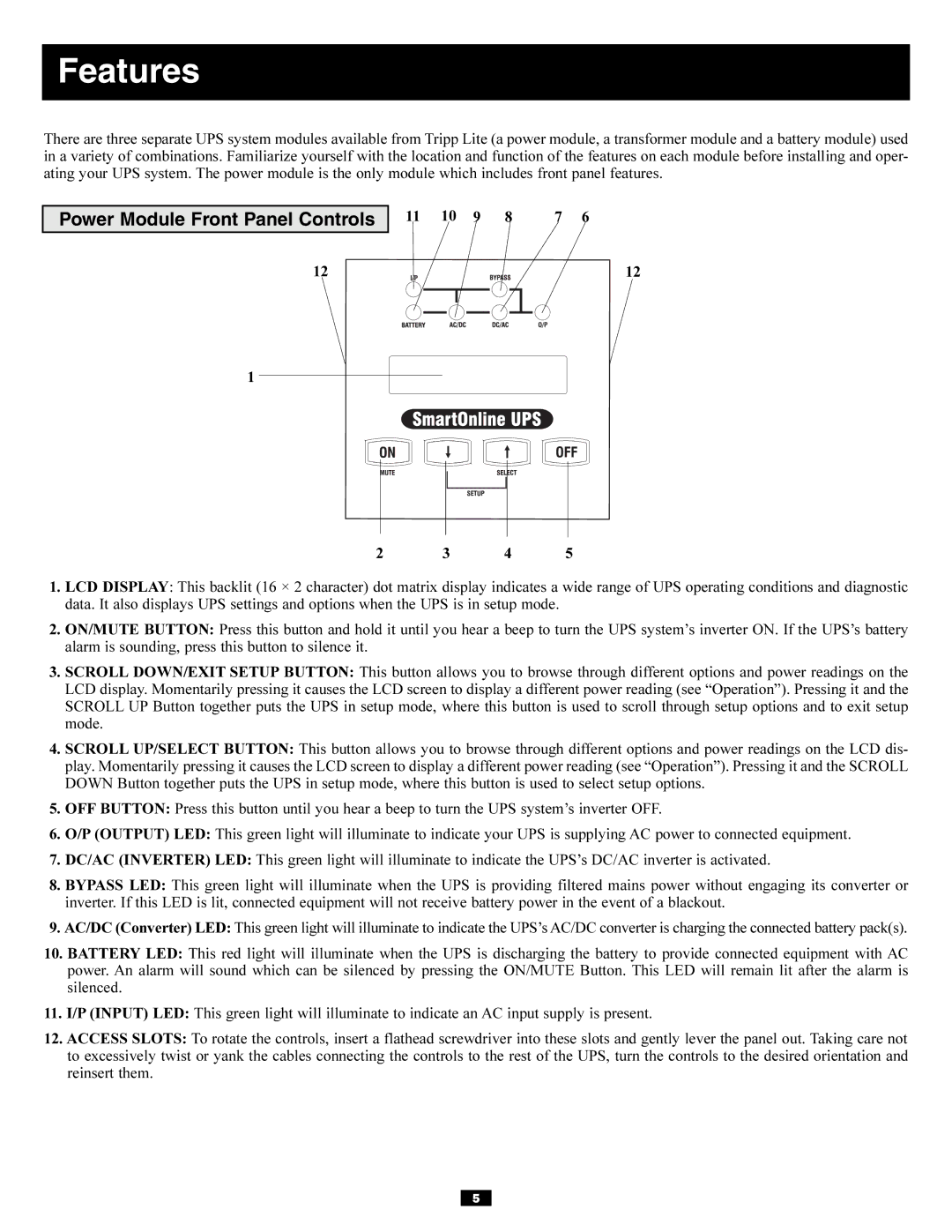 Tripp Lite 6kVA, 5kVA owner manual Features, Power Module Front Panel Controls 