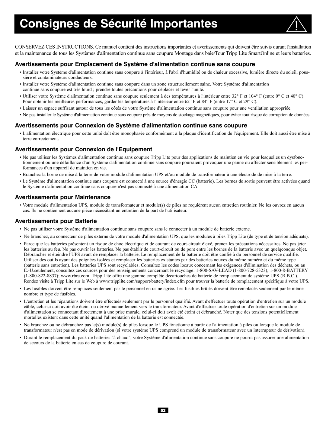 Tripp Lite 5kVA, 6kVA owner manual Consignes de Sécurité Importantes, Avertissements pour Connexion de lEquipement 