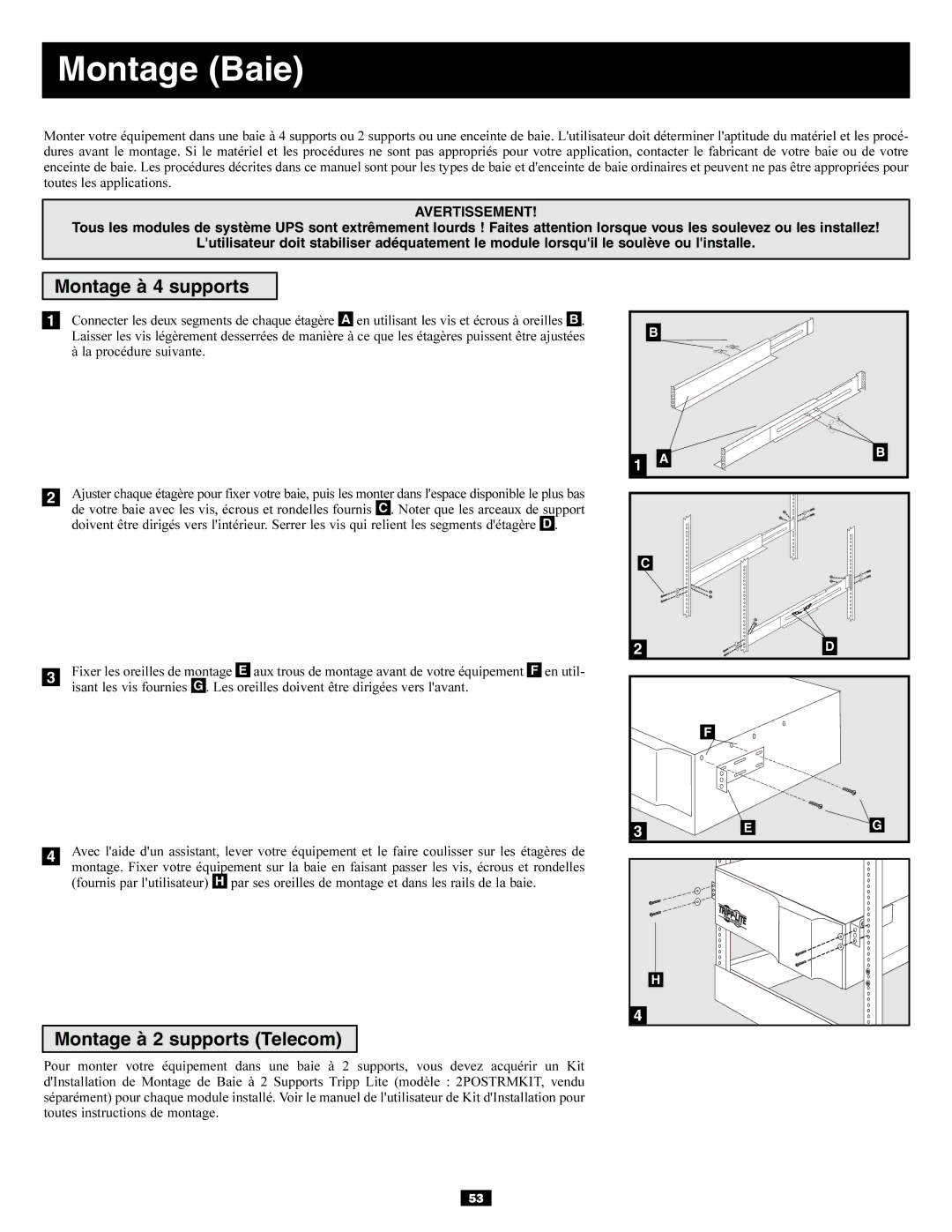 Tripp Lite 6kVA, 5kVA owner manual Montage Baie, Montage à 4 supports, Montage à 2 supports Telecom 