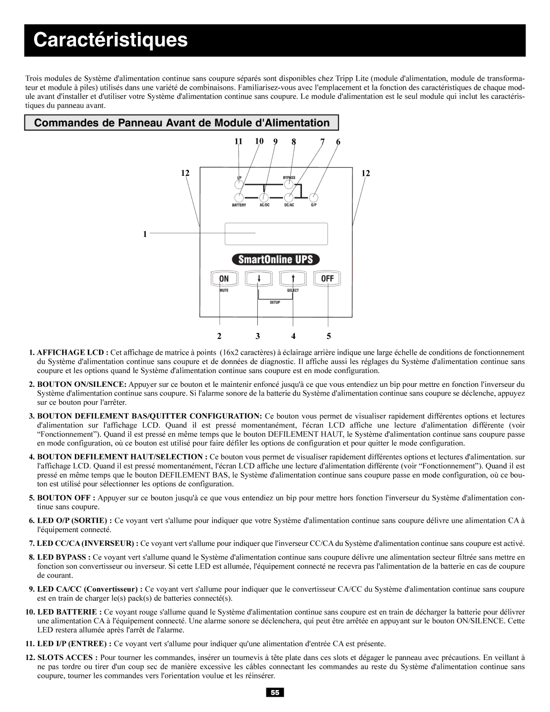 Tripp Lite 6kVA, 5kVA owner manual Caractéristiques, Commandes de Panneau Avant de Module dAlimentation 