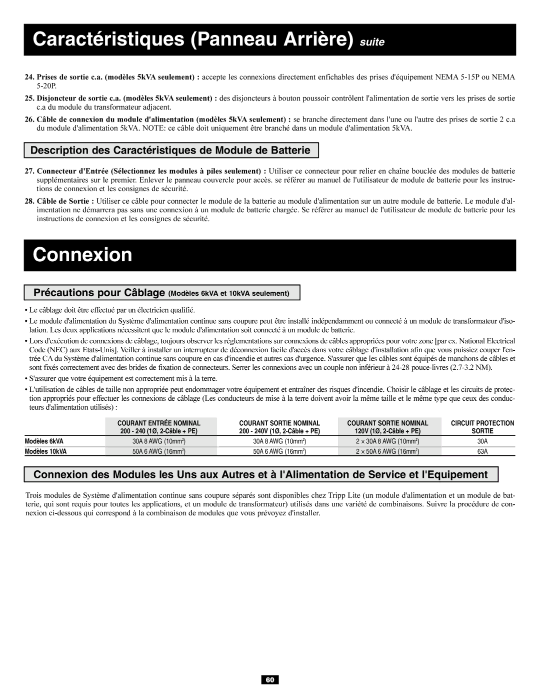 Tripp Lite 5kVA, 6kVA owner manual Connexion, Description des Caractéristiques de Module de Batterie 